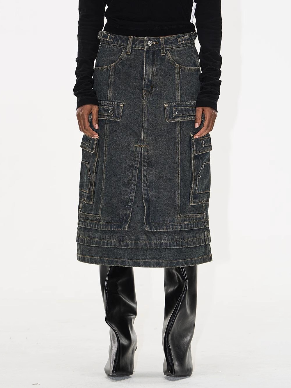 BLINDNOPLAN 25SS Metal Patchwork Distressed Utility Denim Skirt