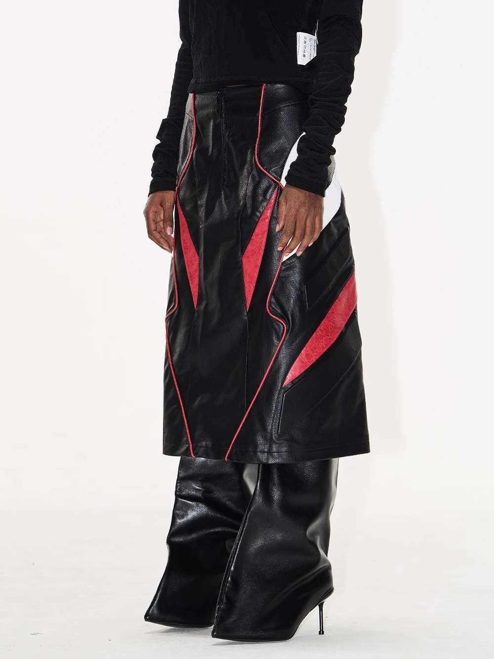 BLINDNOPLAN 25SS Color-Block Biker Leather Skirt