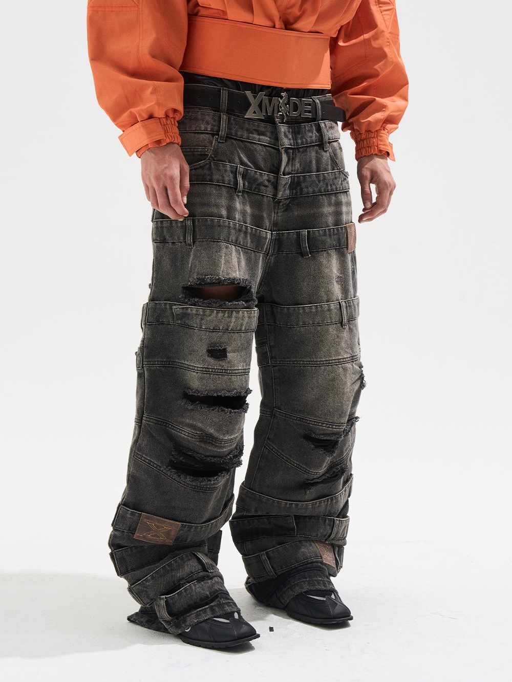 EXITMODE BY BLINDNOPLAN Multi-Layered Waist Ash-Wash Baggy Jeans