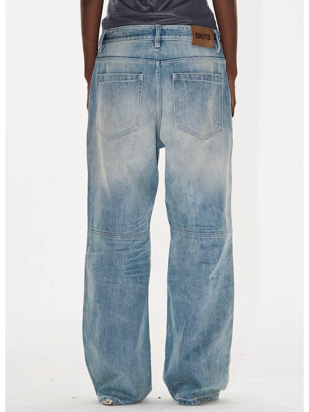 EXITMODE BY BLINDNOPLAN Washed Blue Moto Patchwork Leather Embroidered Pants