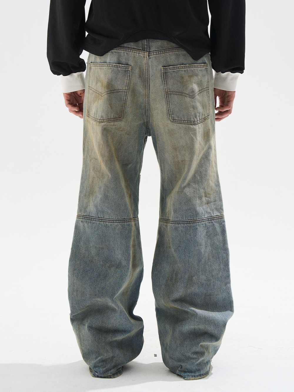 EXITMODE BY BLINDNOPLAN Layered Segmented Distressed Washed Jeans