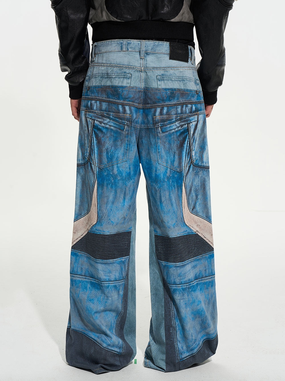 Printed Motorcycle Color-Block Jeans