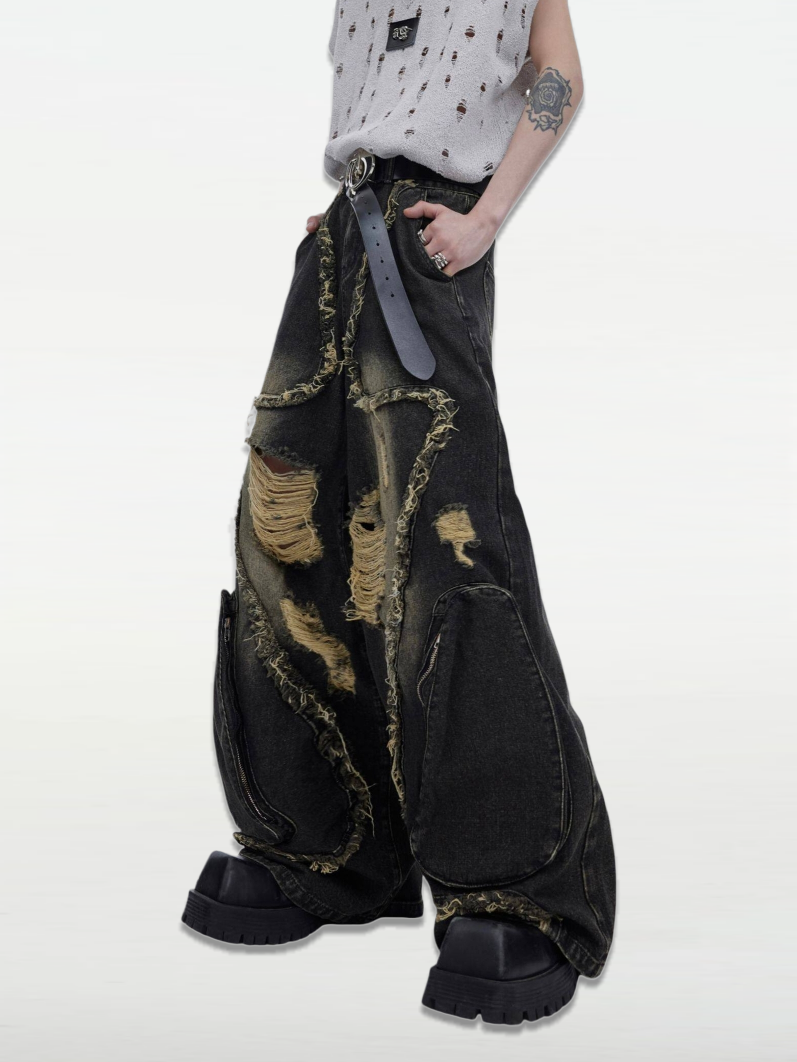 Deconstructed Distressed Frayed Hole Jeans