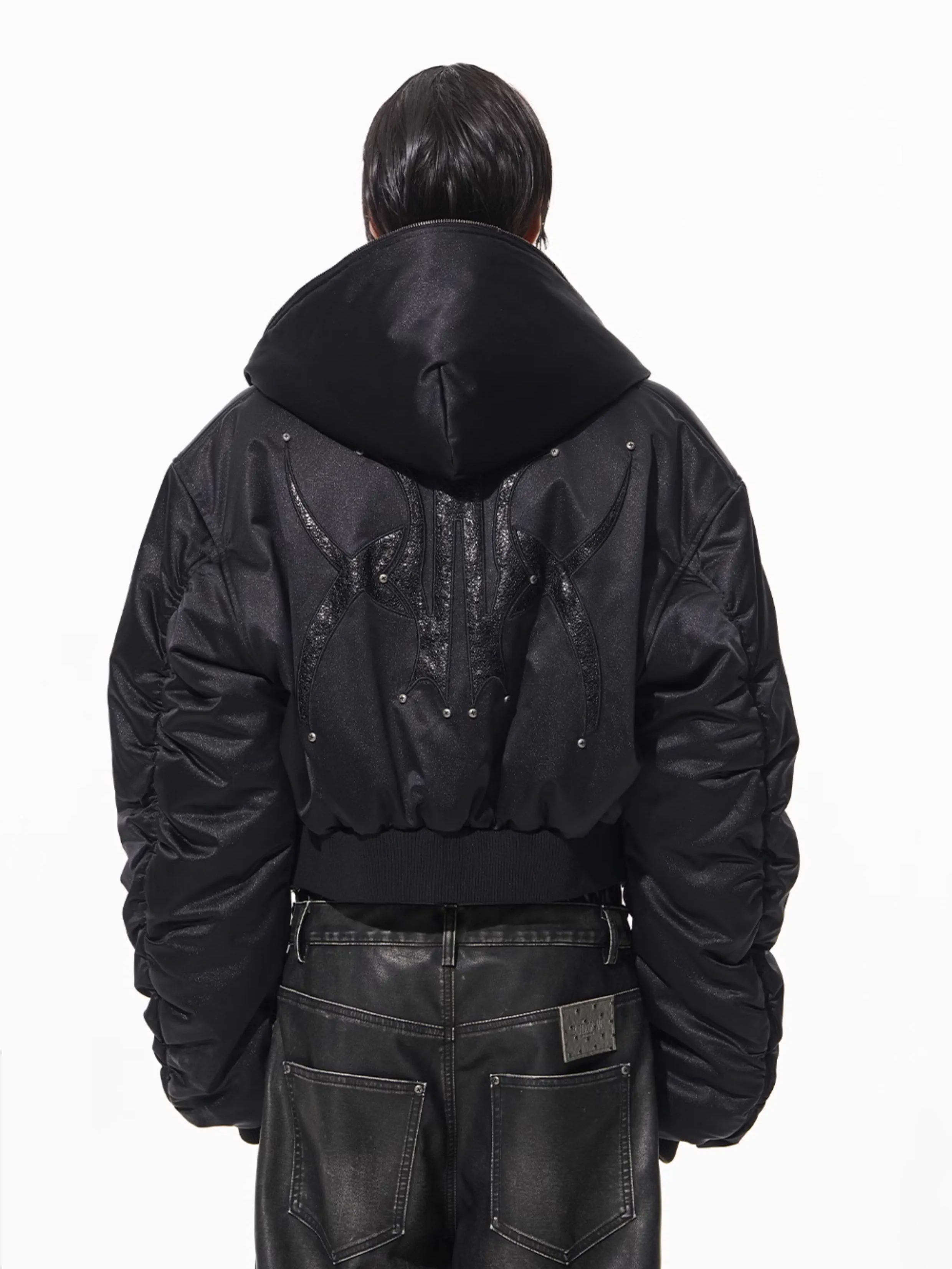 BLINDNOPLAN Hooded Glitter Logo Studded Cotton Jacket