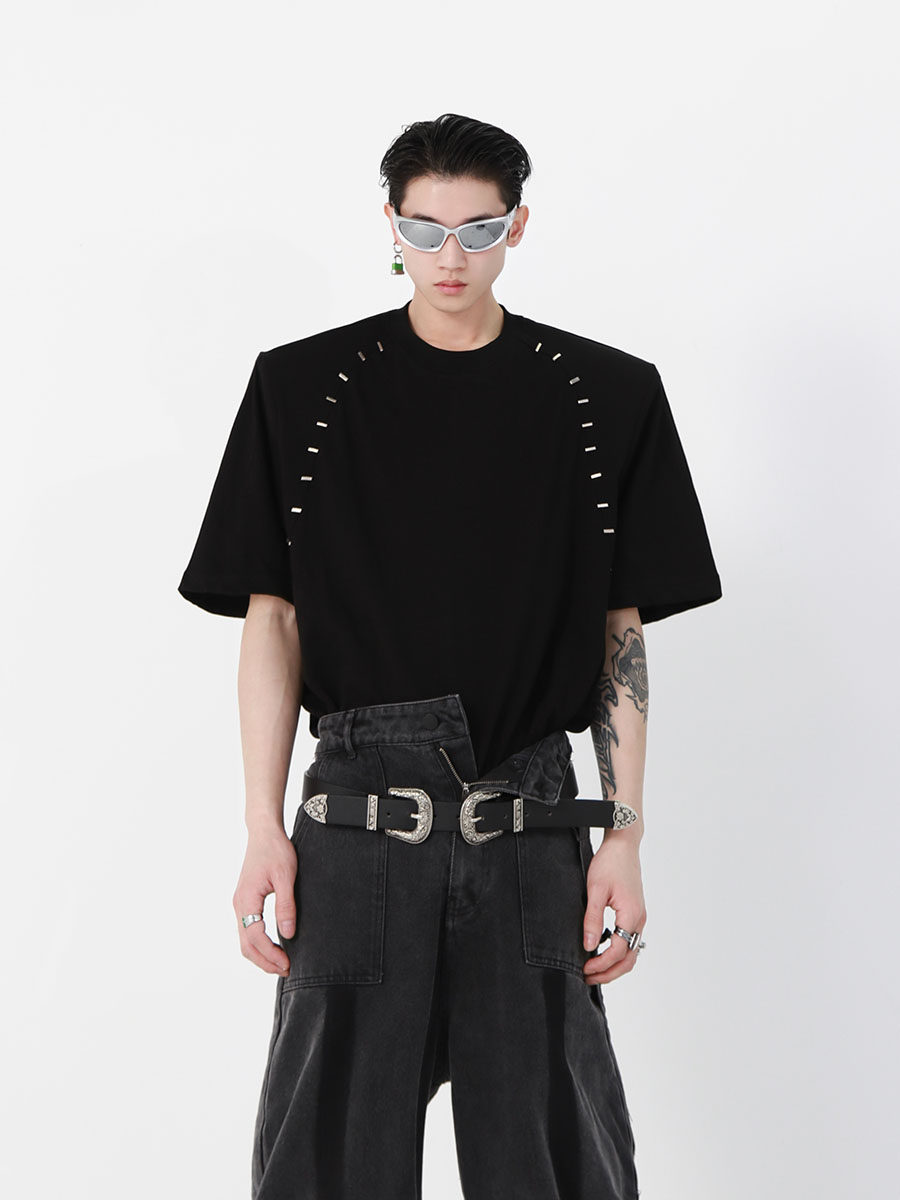 Metallic Bead-Trimmed Shoulder-Padded Short Sleeve