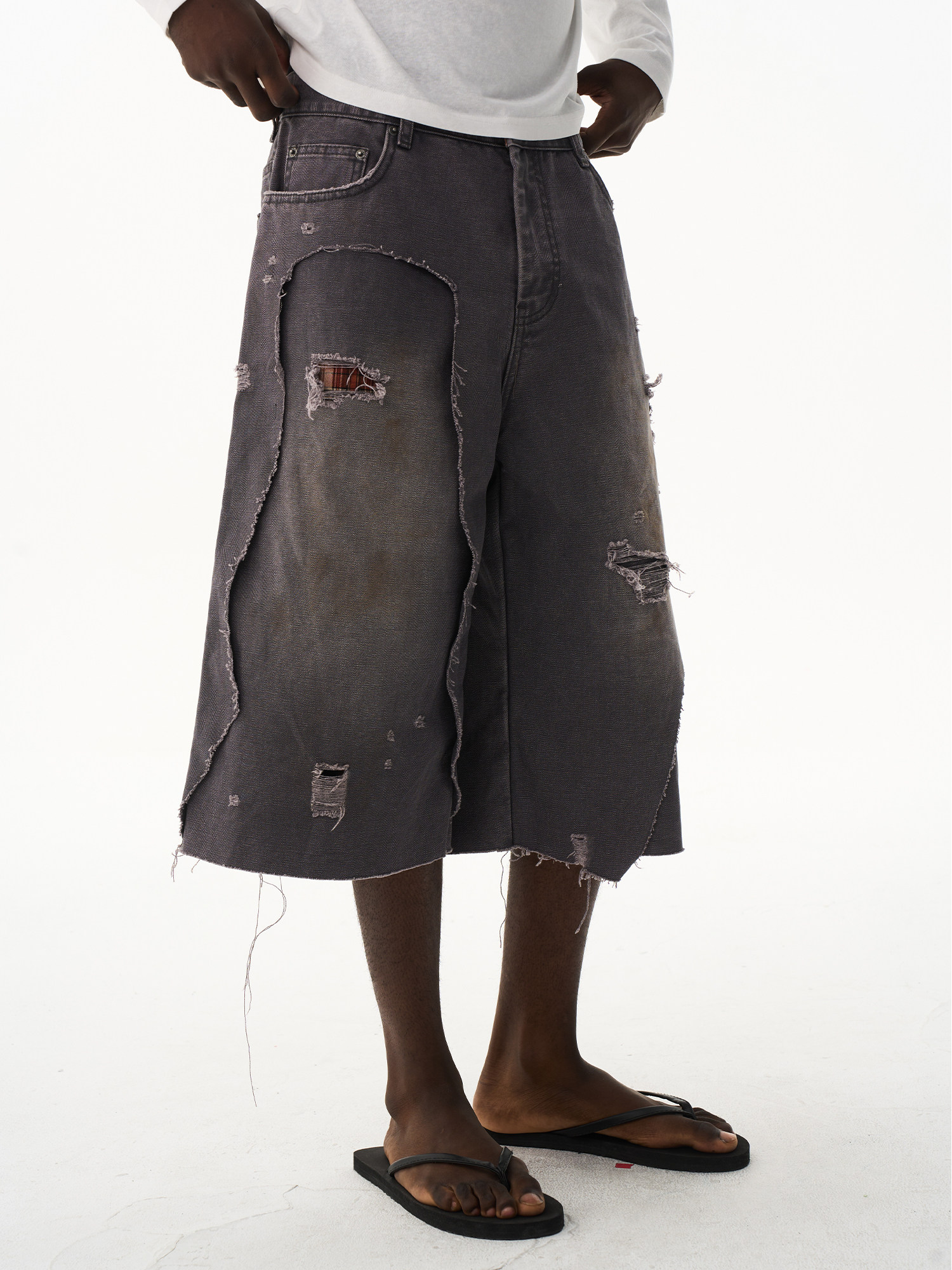 Double-Layer Distressed Washed Grey Shorts