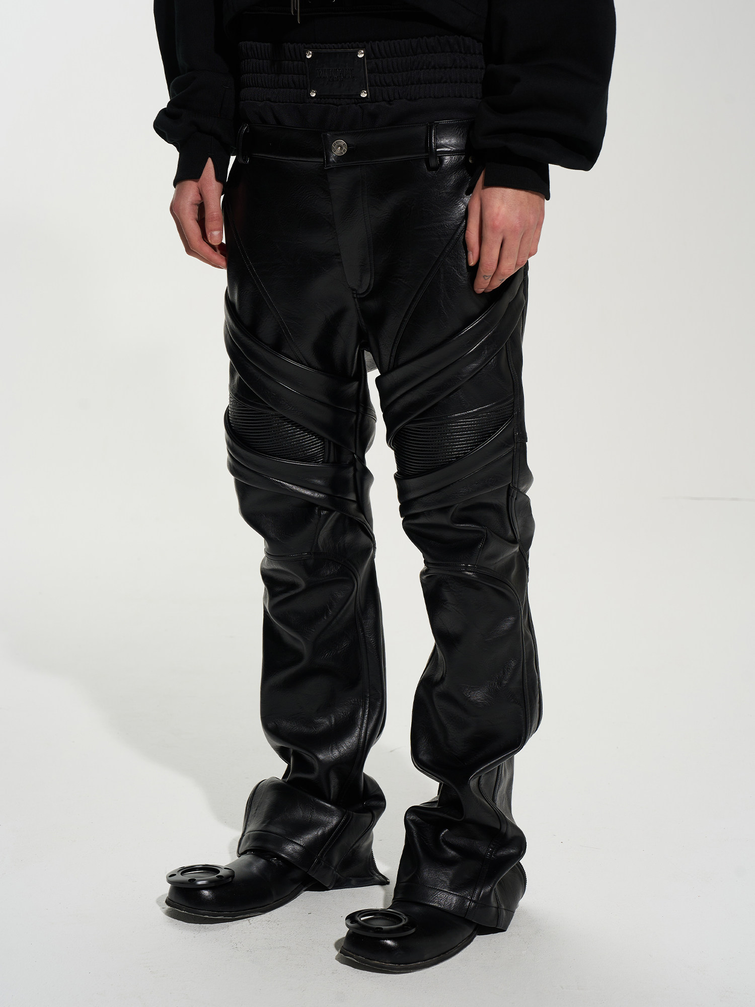Asymmetric Motorcycle Stacked Double-Waist Leather Pants
