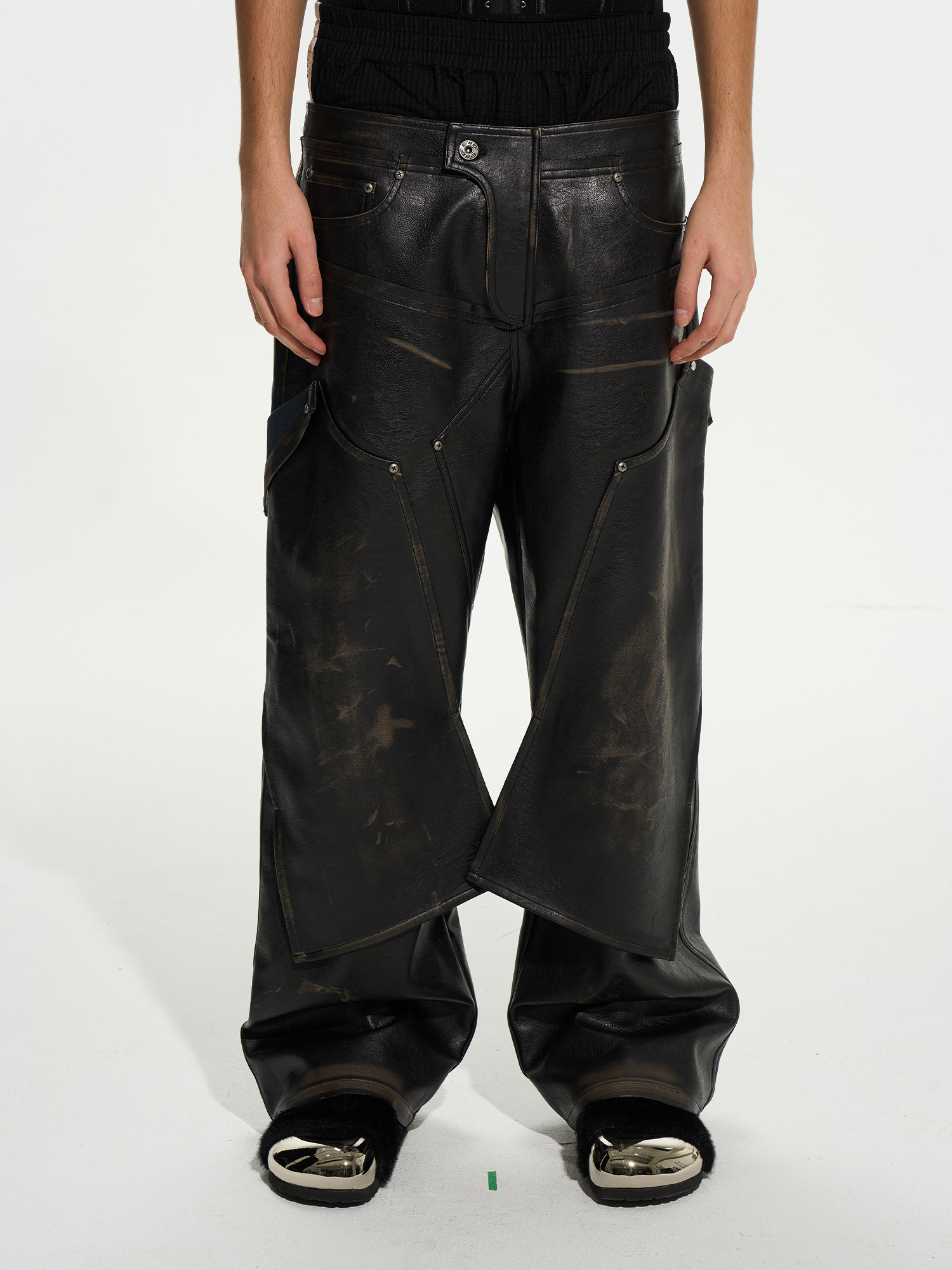 Double-Waist Distressed Fold-Over PU Pants