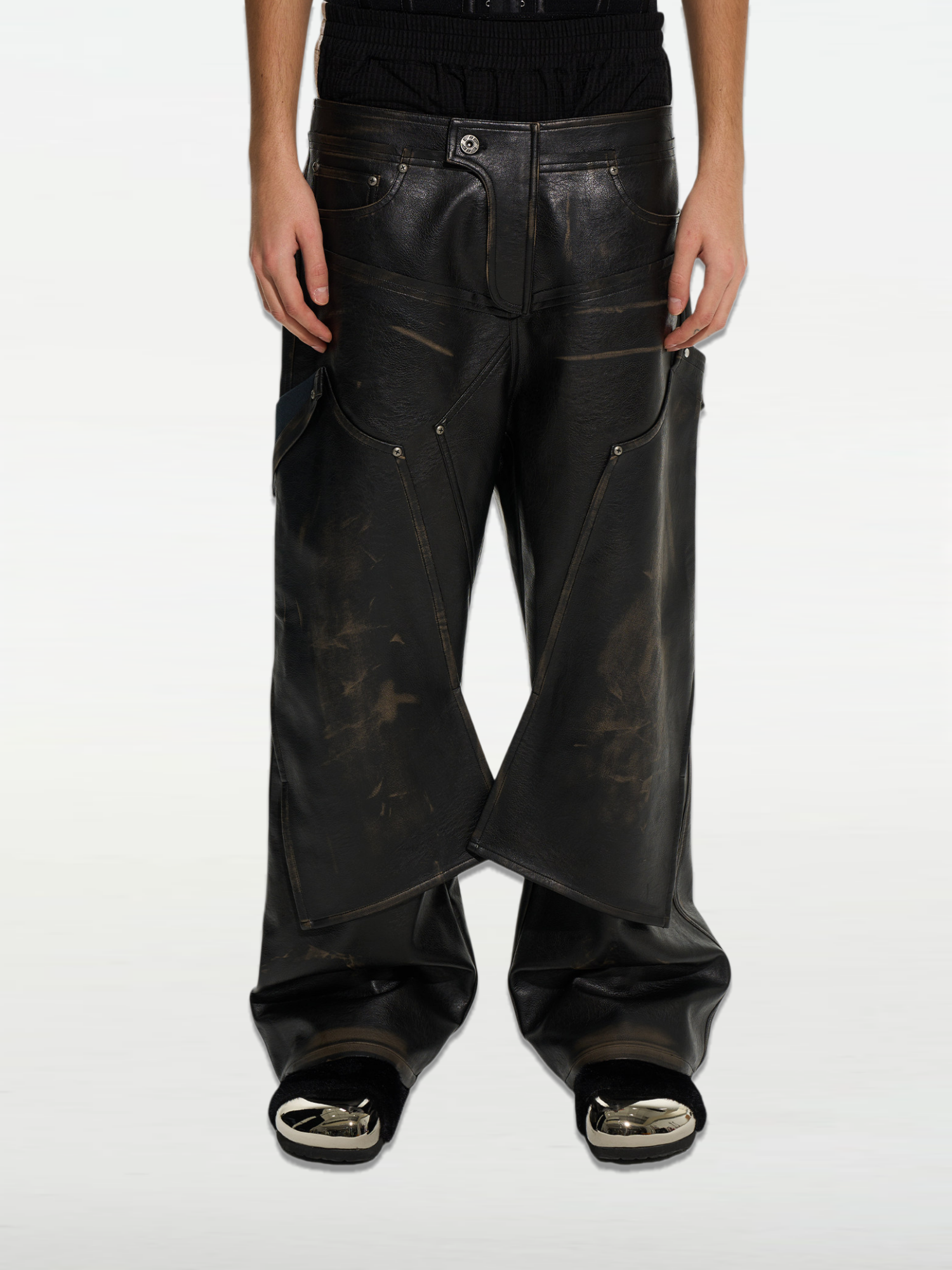 Double-Waist Distressed Fold-Over PU Pants