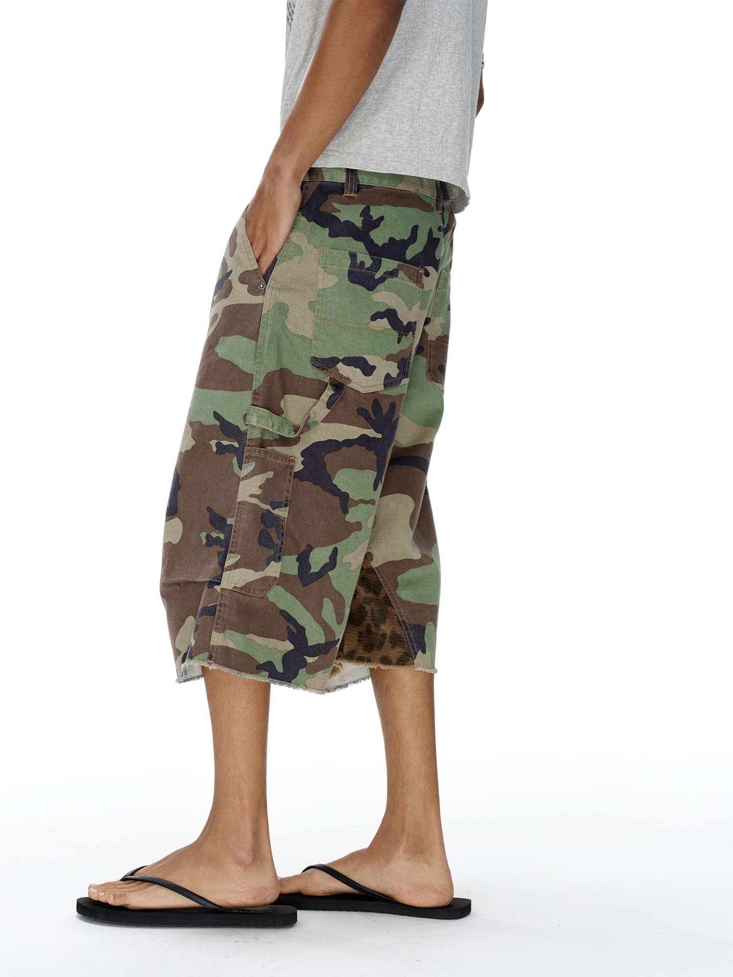 Patchwork Color-Block Camo Lumber Shorts