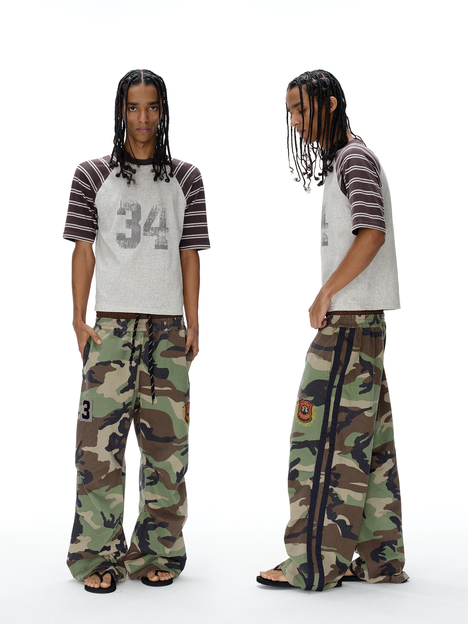 Double-Waist Pleated Camo Embroidered Badge Pants
