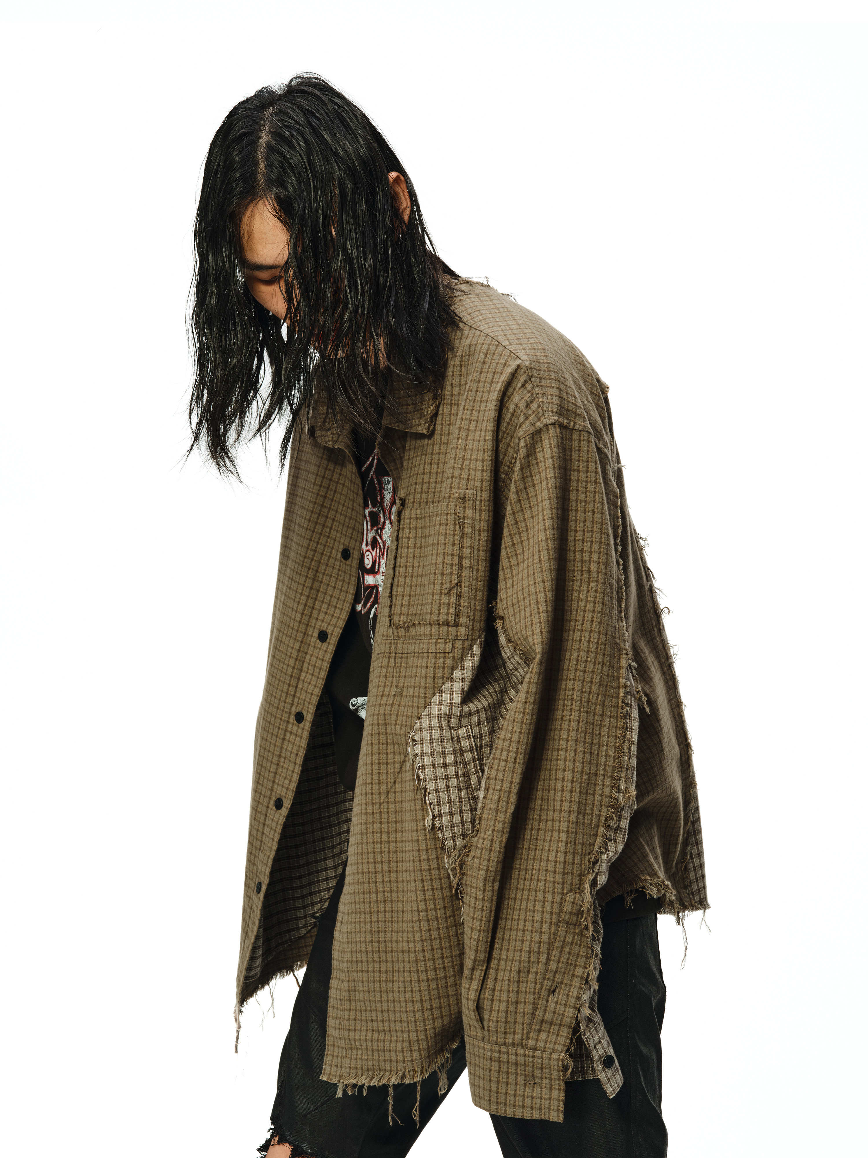 Patchwork Plaid Pocket Frayed Washed Shirt