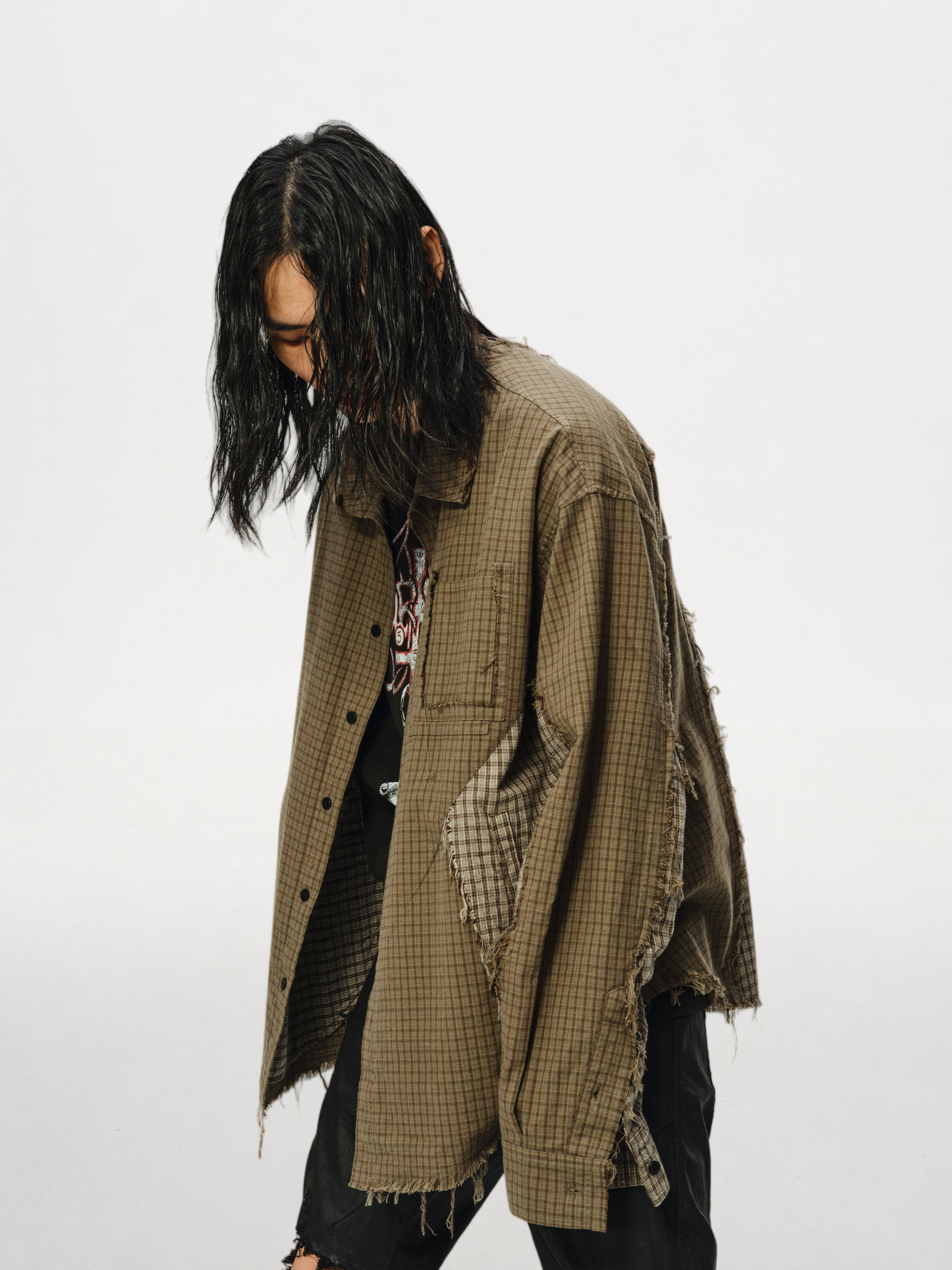 Patchwork Plaid Pocket Frayed Washed Shirt