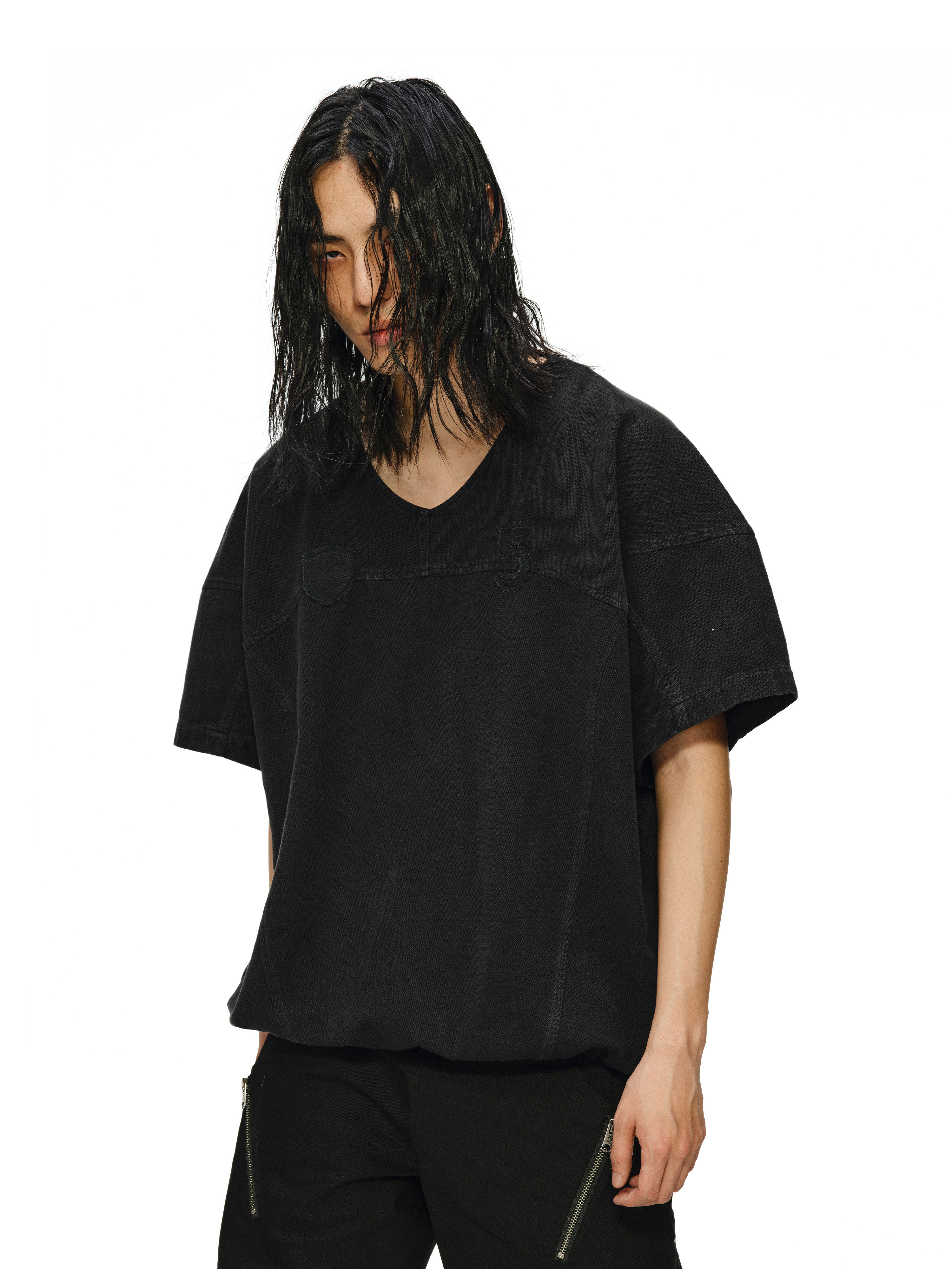 Oil-Stained V-Neck Drawstring Baseball Tee