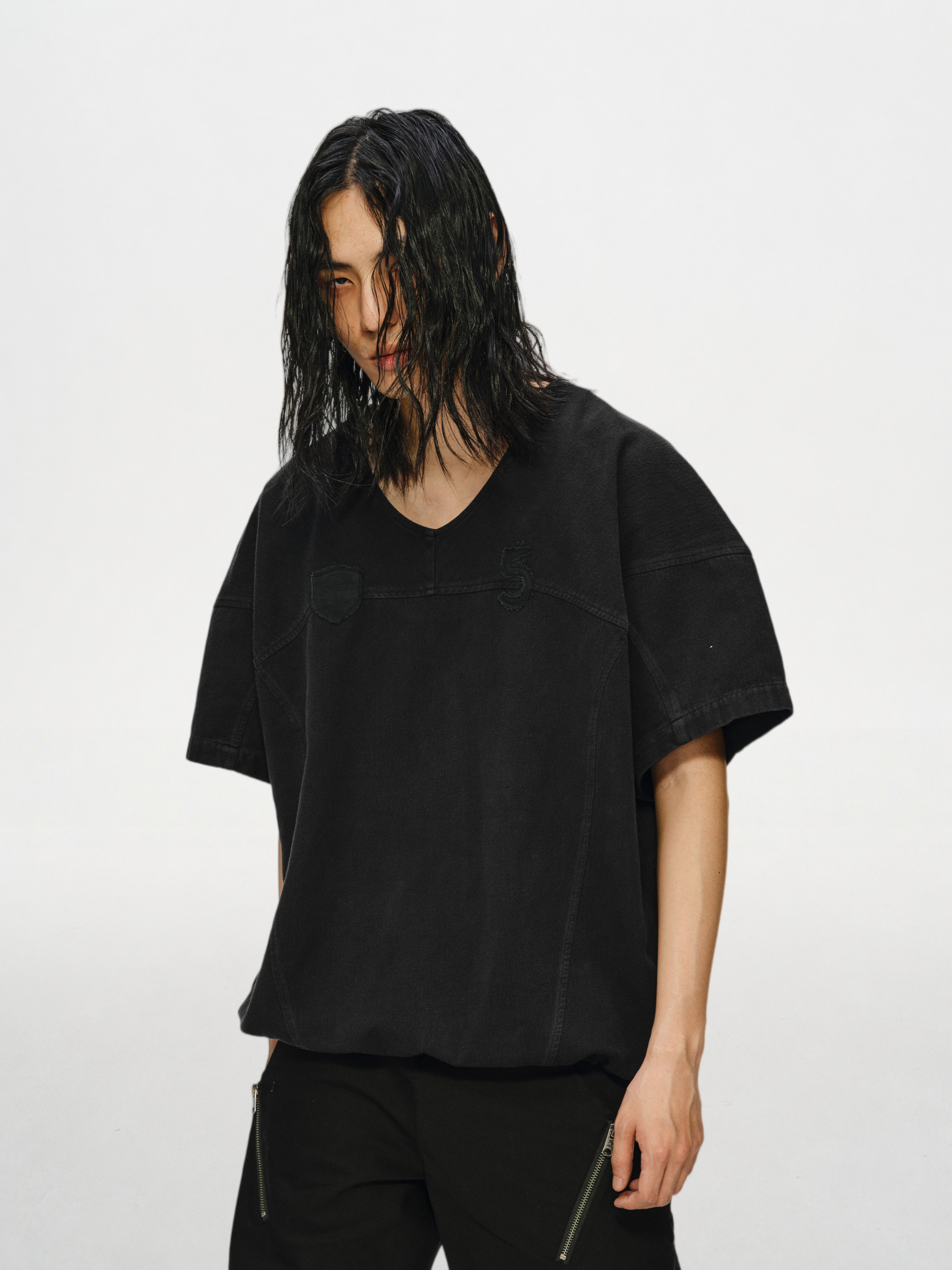 Oil-Stained V-Neck Drawstring Baseball Tee