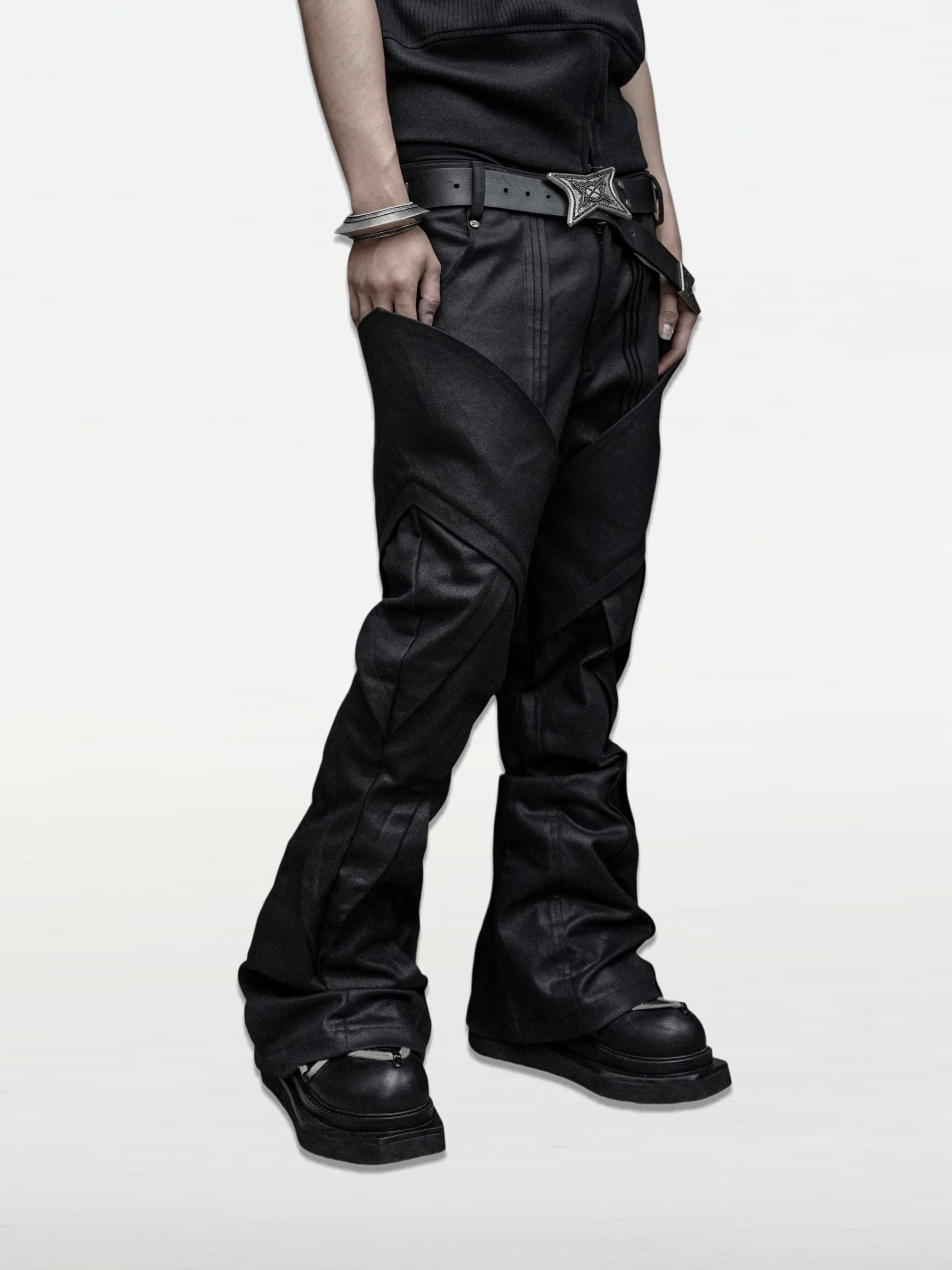 「Wing Bone」Multi-Gusset Wing-Pocket Deconstructed Waxed Pants