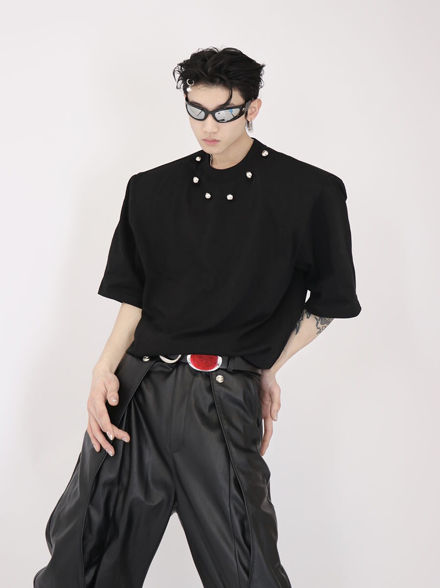 Metallic Bead Embellished Shoulder-Padded Short Sleeve Tee