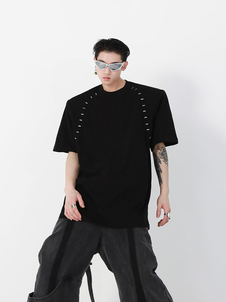 Metallic Bead-Trimmed Shoulder-Padded Short Sleeve