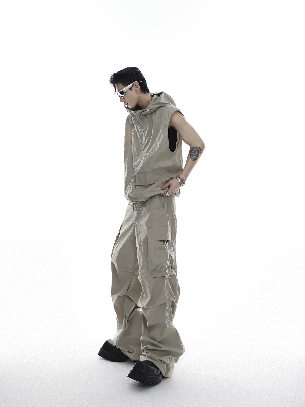Hooded Tank Top Cargo Jumpsuit Set