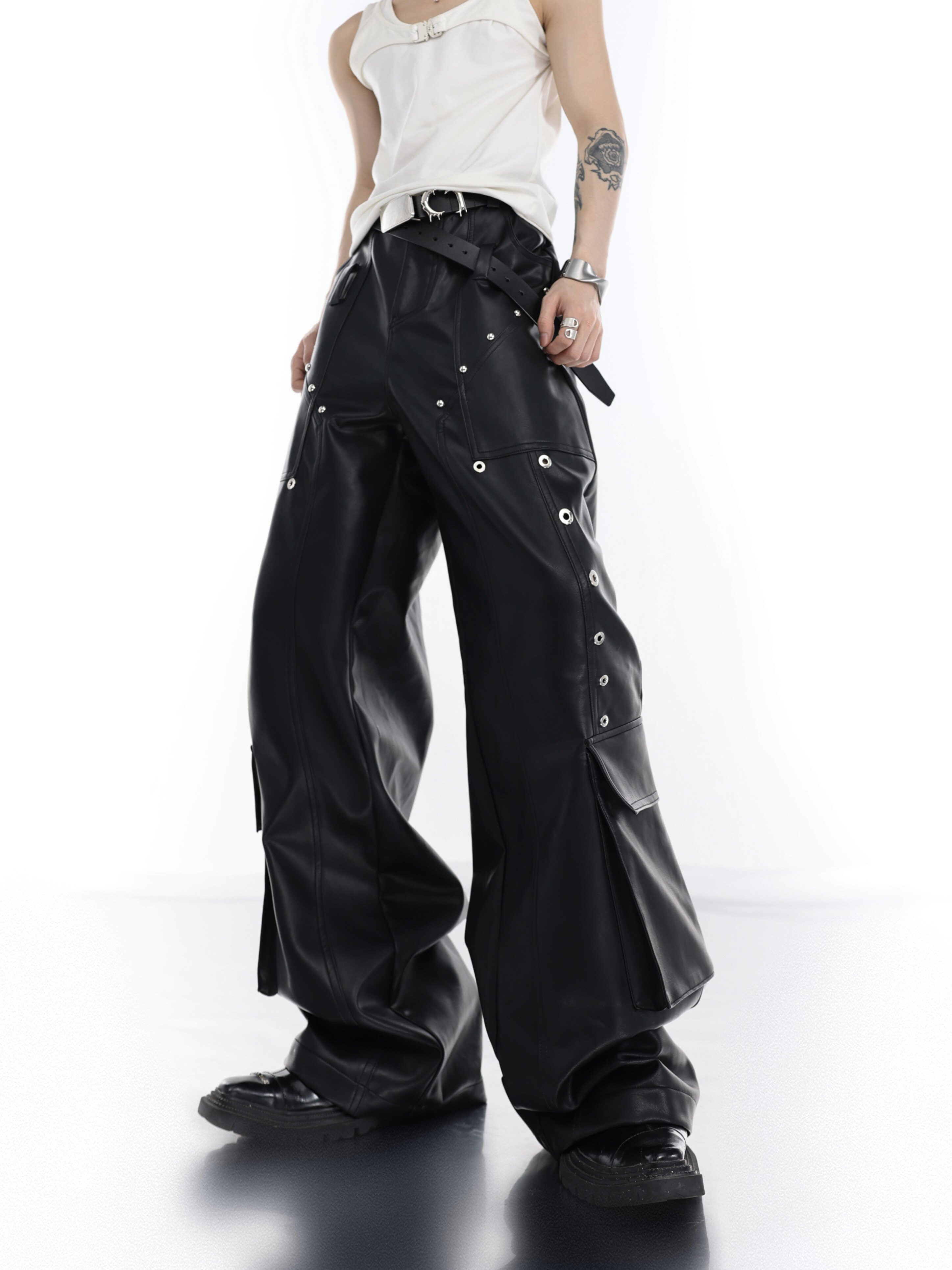 Metal Accented Utility Leather Pants