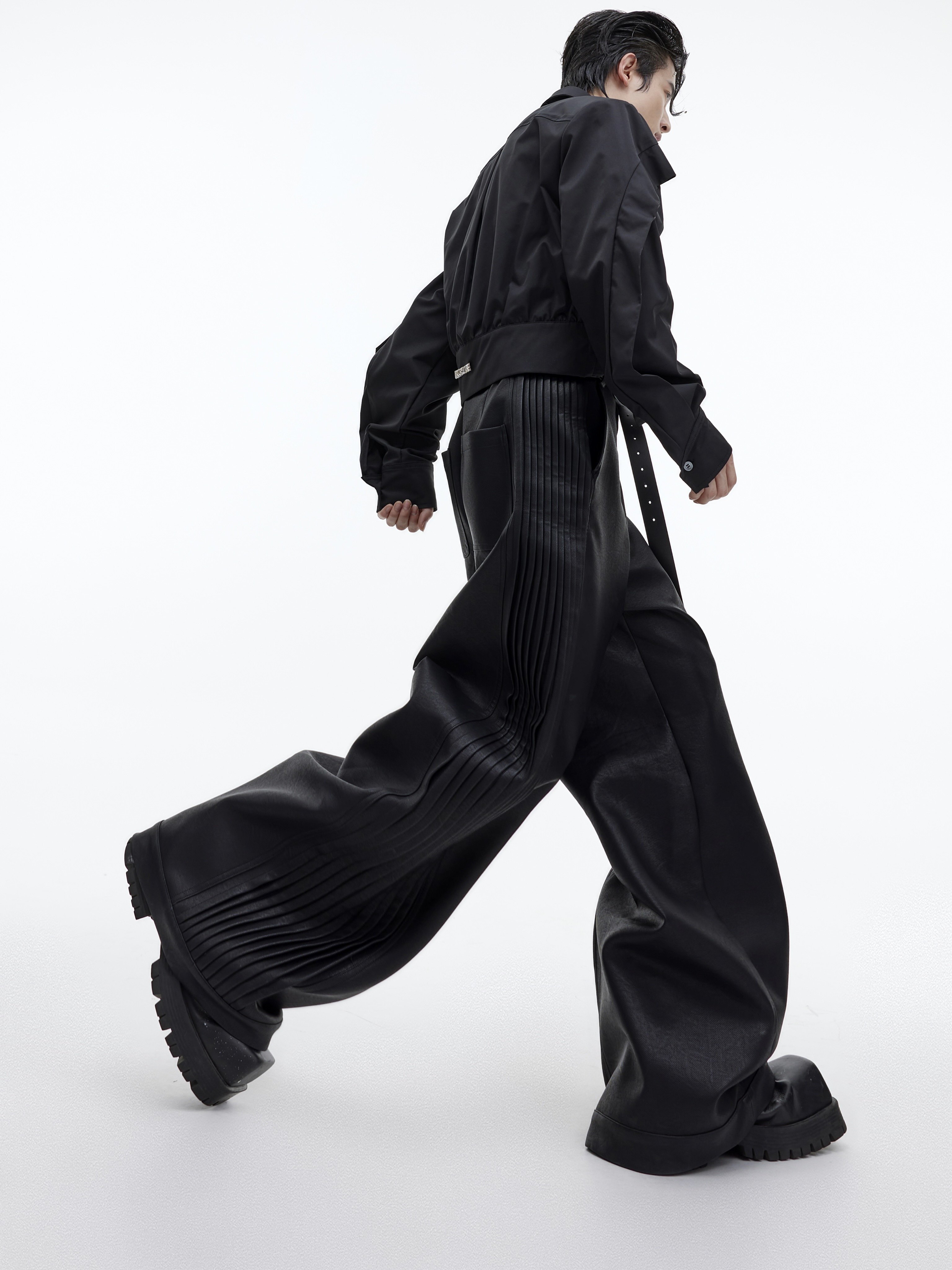 Pleated Loose Straight-Leg Leather Pants