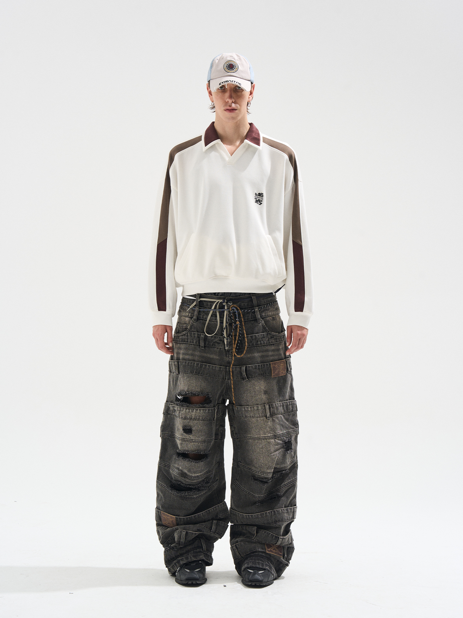 EXITMODE BY BLINDNOPLAN Multi-Layered Waist Ash-Wash Baggy Jeans