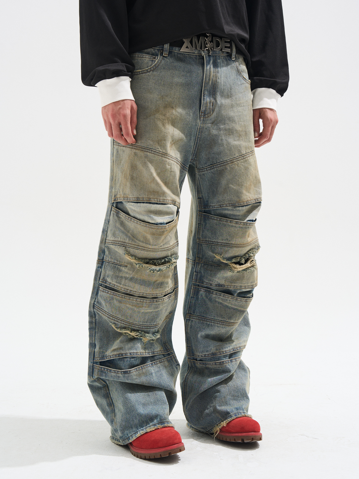 EXITMODE BY BLINDNOPLAN Layered Segmented Distressed Washed Jeans