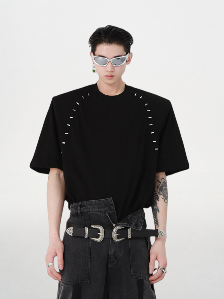 Metallic Bead-Trimmed Shoulder-Padded Short Sleeve