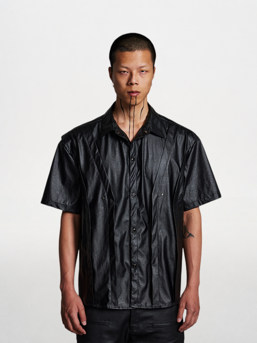 Three-Dimensional Deconstructed Cracked Leather Short-Sleeve Shirt
