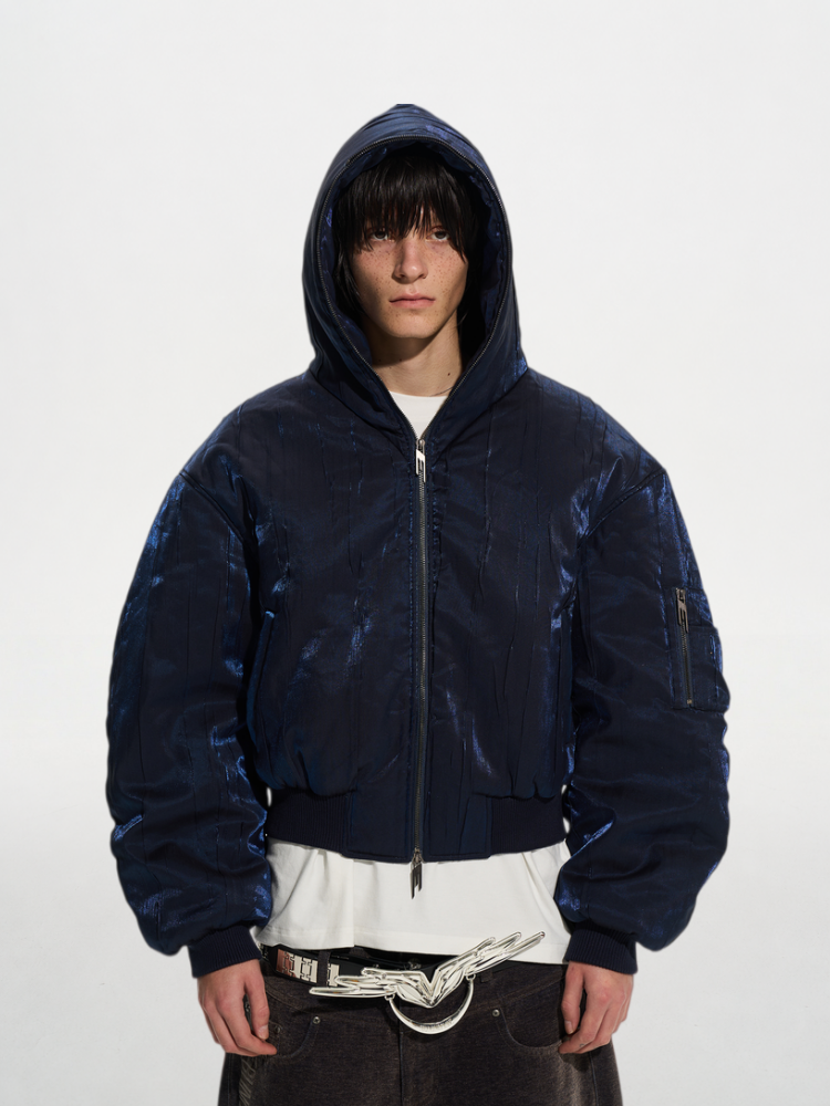 Textured Ribbed Oversized Hooded Puffer Jacket
