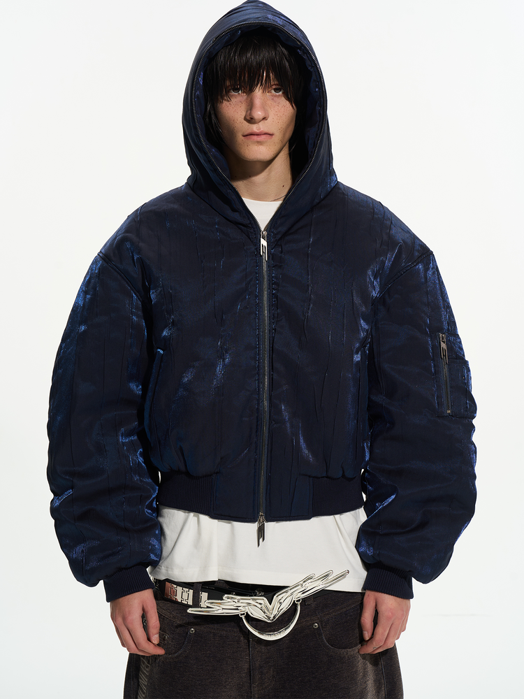 Textured Ribbed Oversized Hooded Puffer Jacket