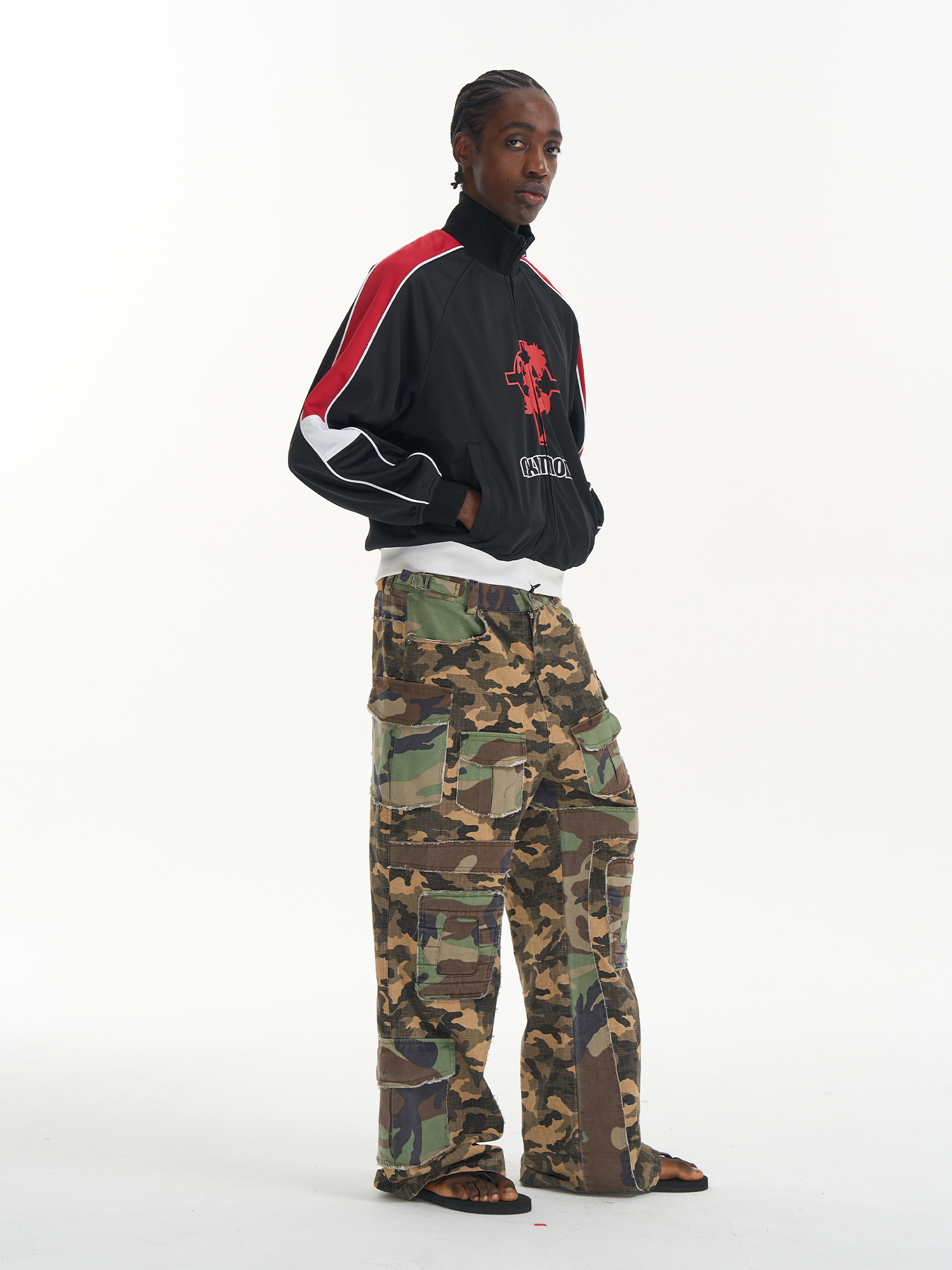 Washed Raw-Edge Camo Paneled Work Bootcut Pants