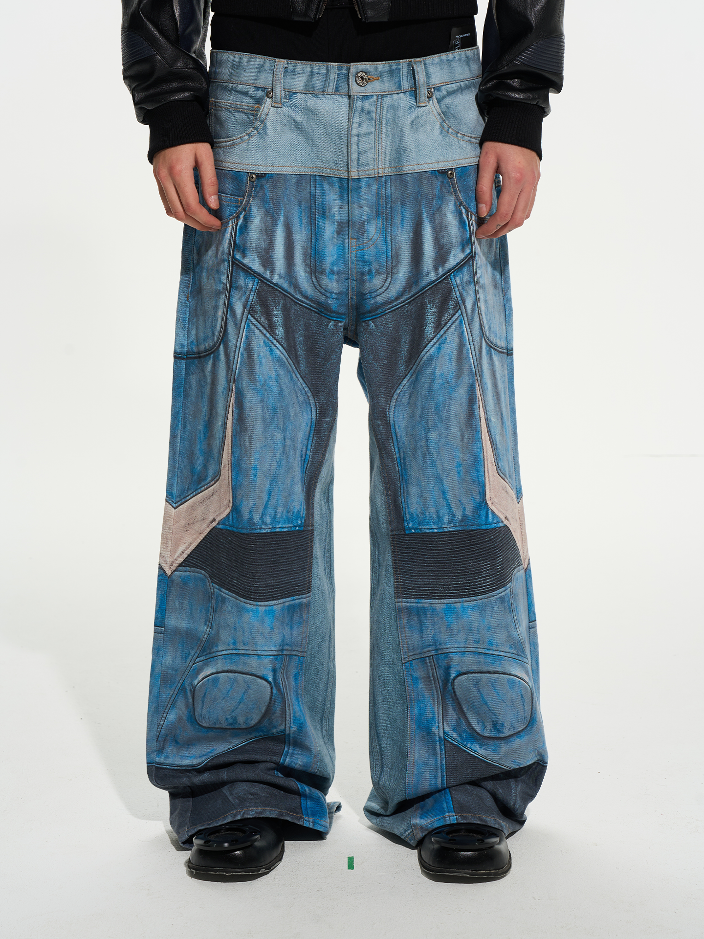 Printed Motorcycle Color-Block Jeans