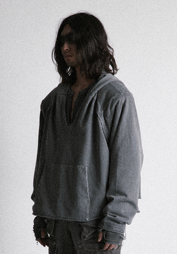 Distressed Deconstructed Cropped V-Neck Hoodie
