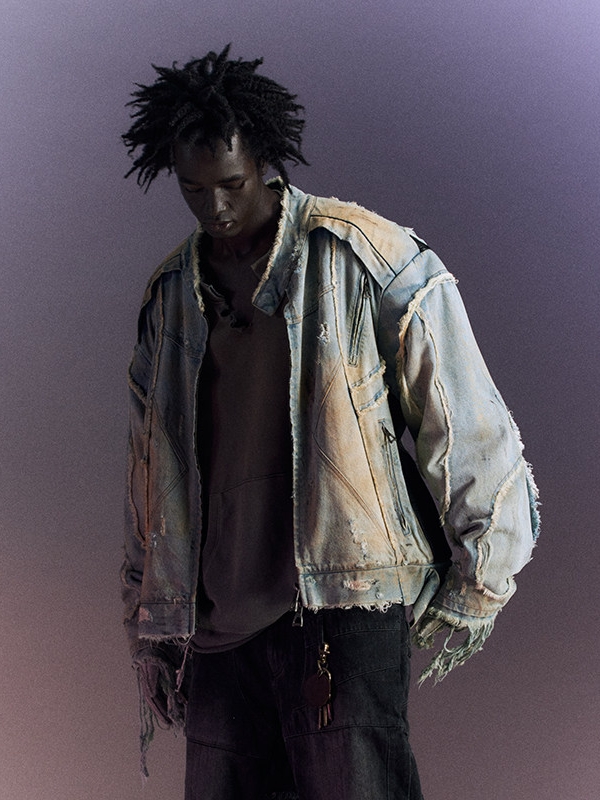 Mud-Dye Destroyed Fringe Motorcycle Denim Jacket