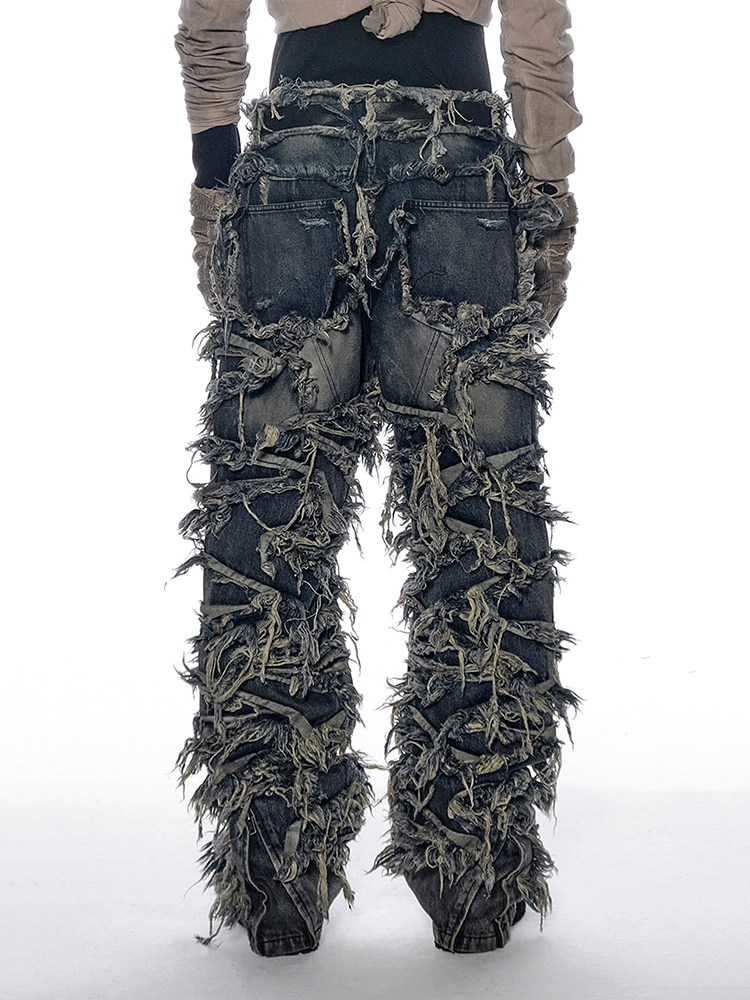 EROSION Frayed Fringe Washed Jeans