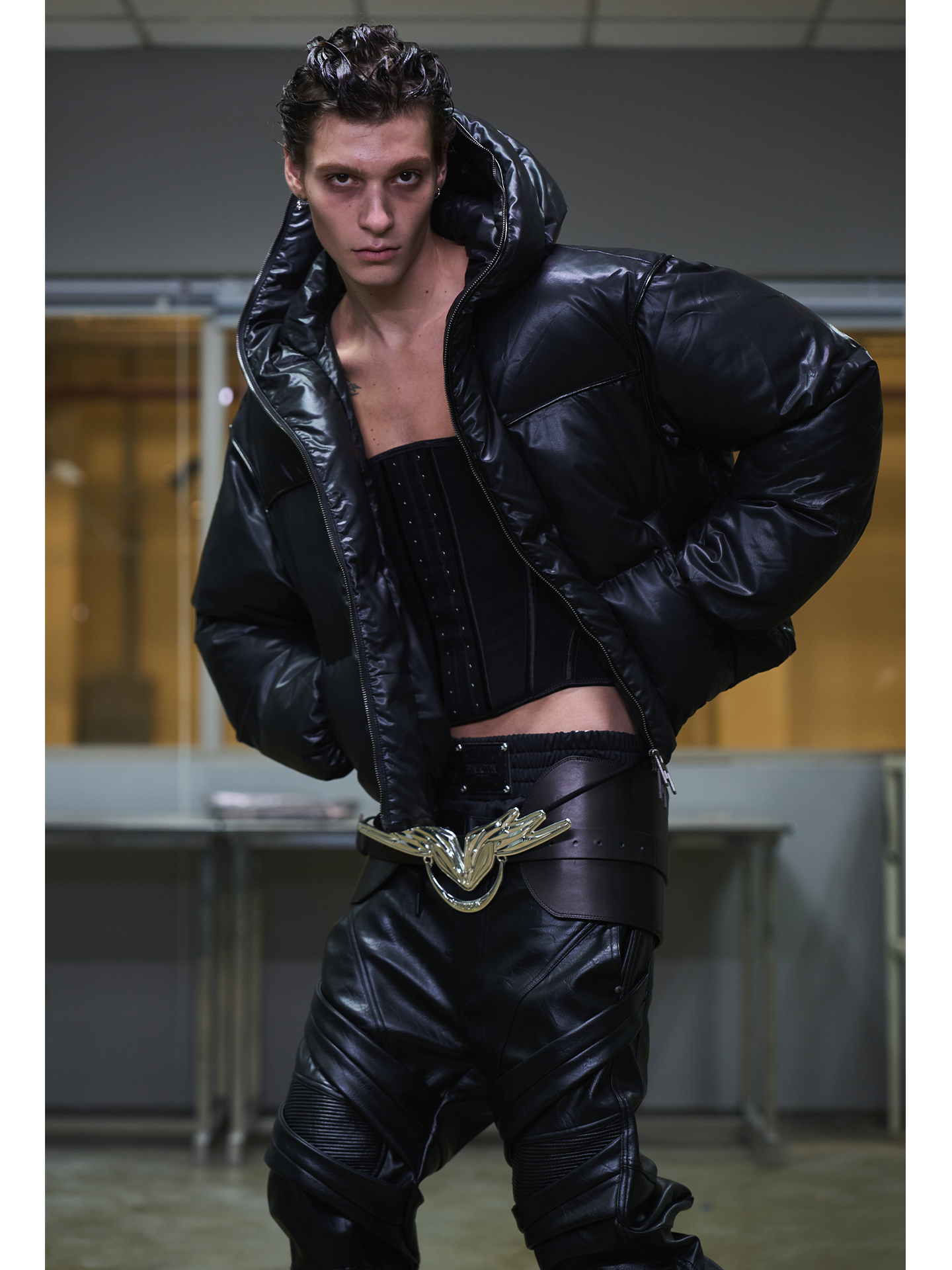 Black 90% Down Hooded Leather Jacket