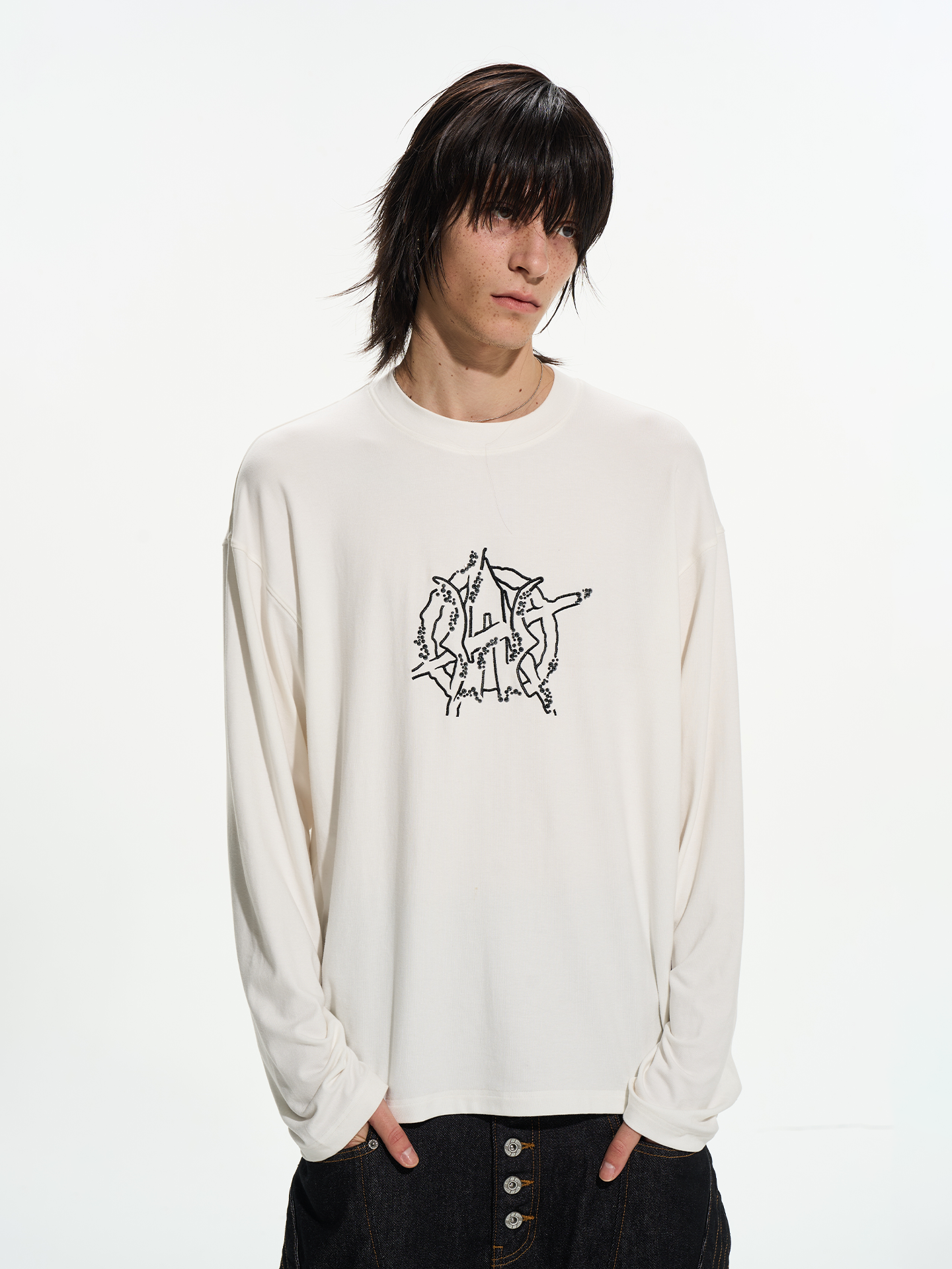 Studded & Embroidered Two-Tone Long Sleeve Top