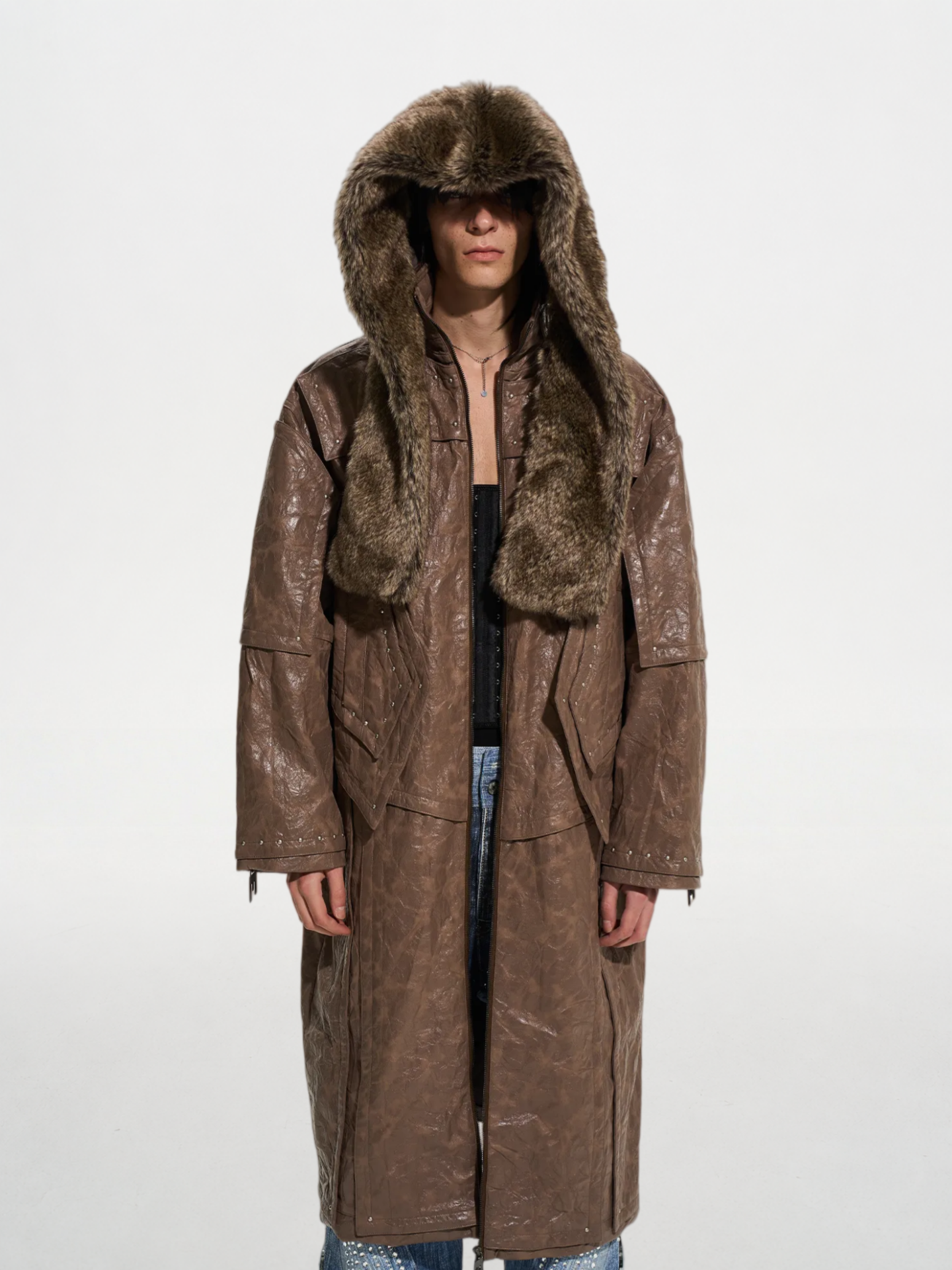 Custom Metal-Studded Detachable Fur Collar Leather Overcoat