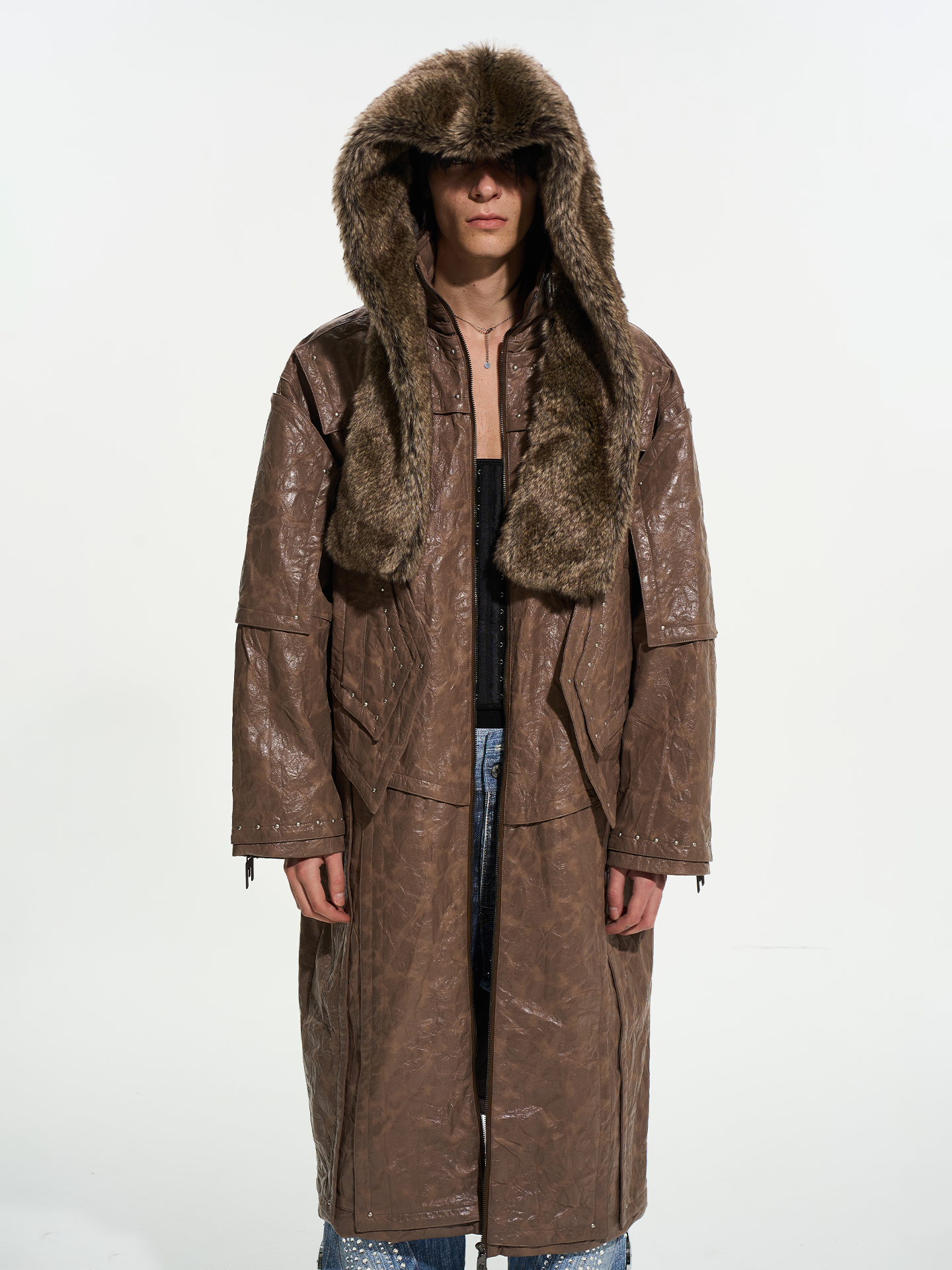 Custom Metal-Studded Detachable Fur Collar Leather Overcoat