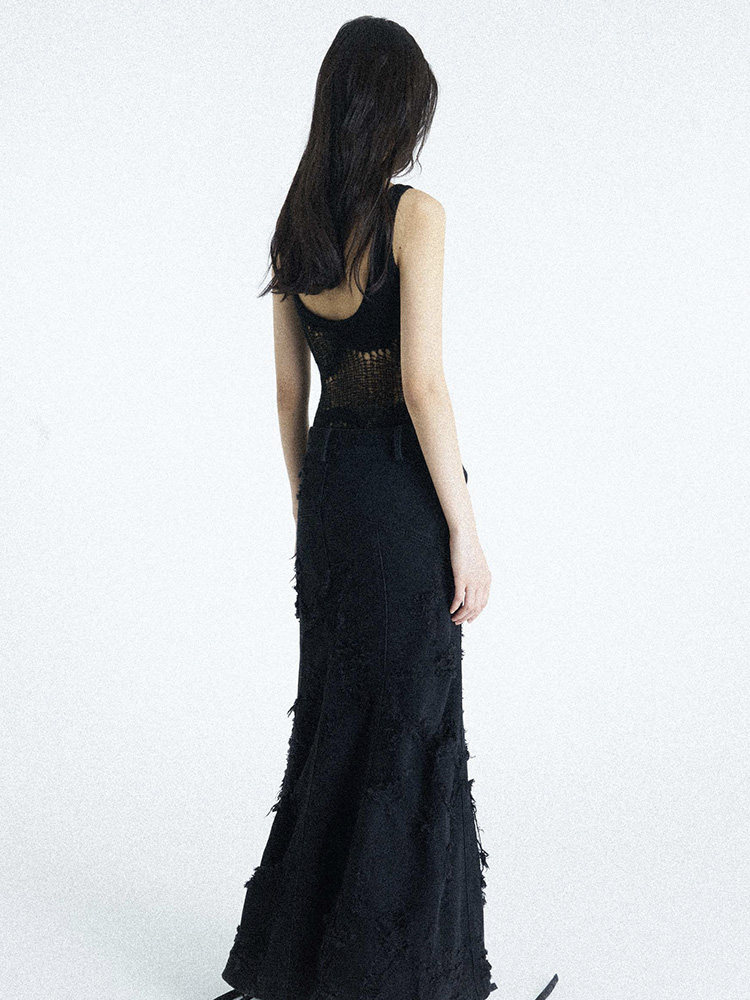 Thorn-Distressed Denim Skirt