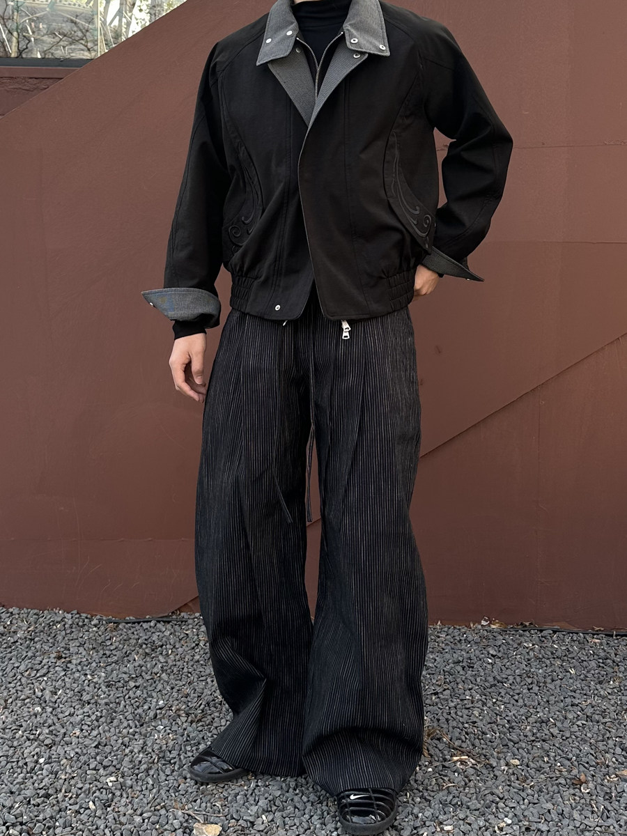 Ink Bamboo Stripe Wide-Leg Trousers