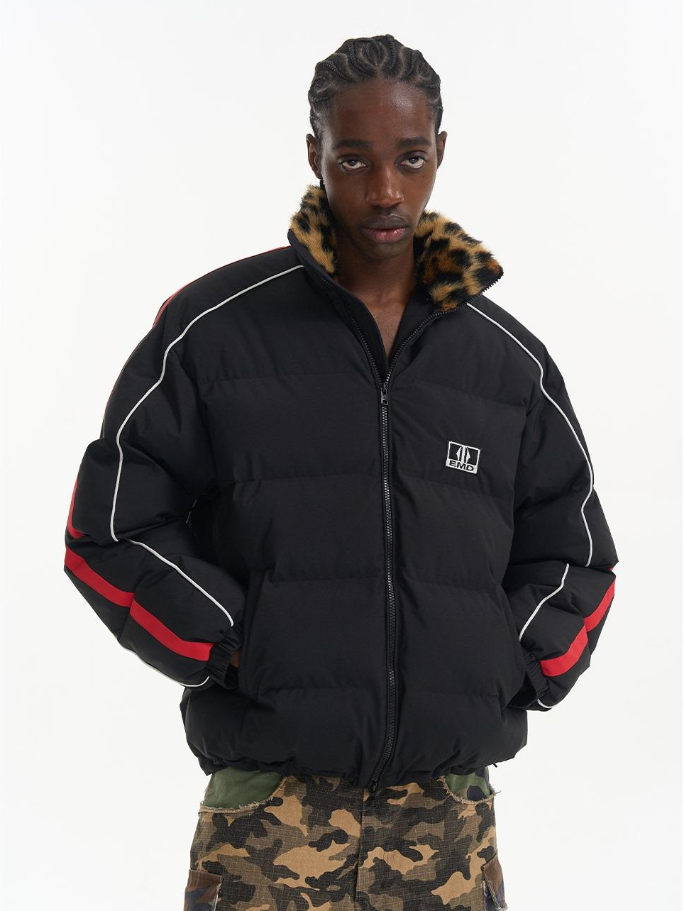 Sport Color-Block Fur Collar Quilted Jacket