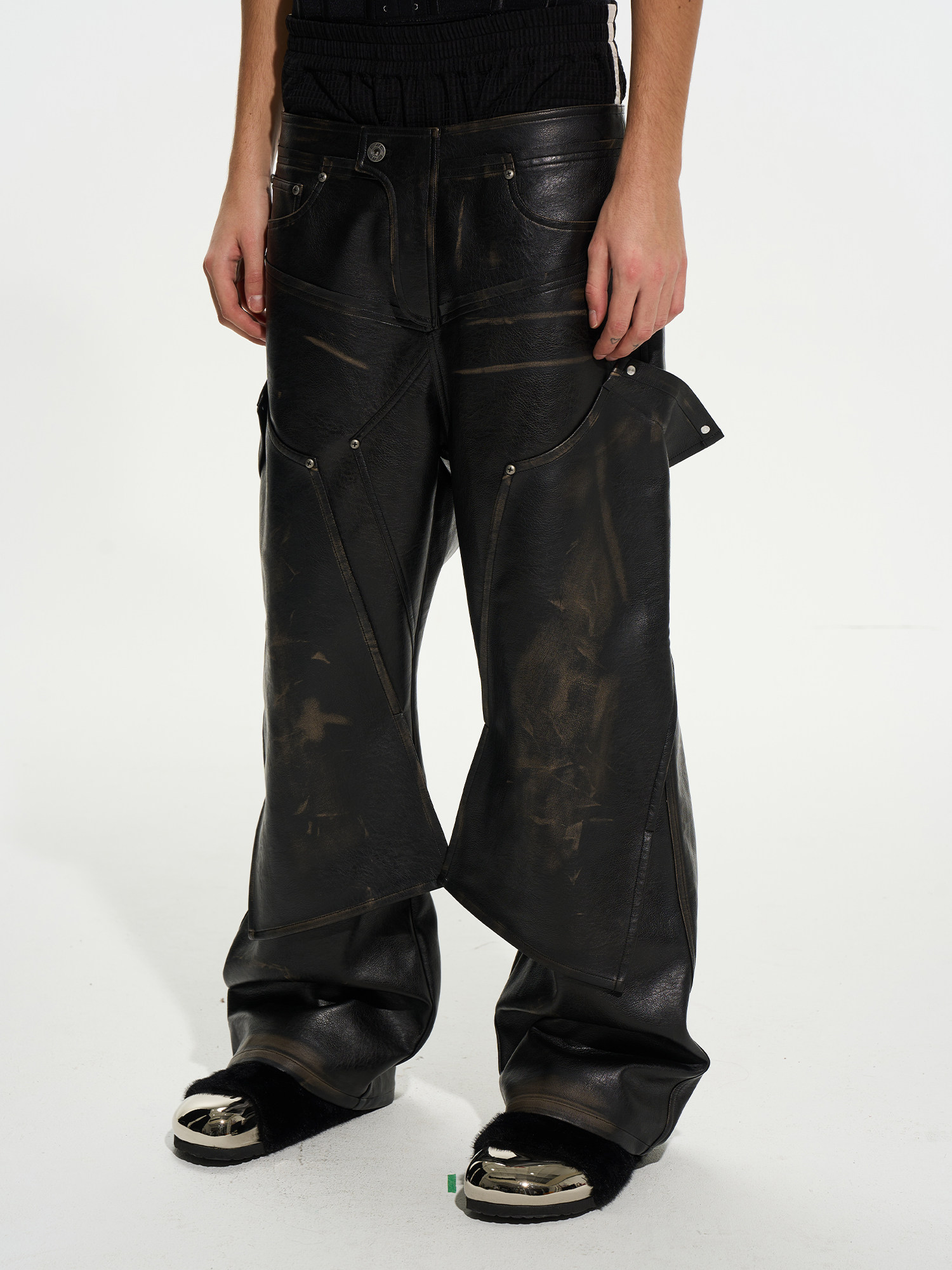 Double-Waist Distressed Fold-Over PU Pants