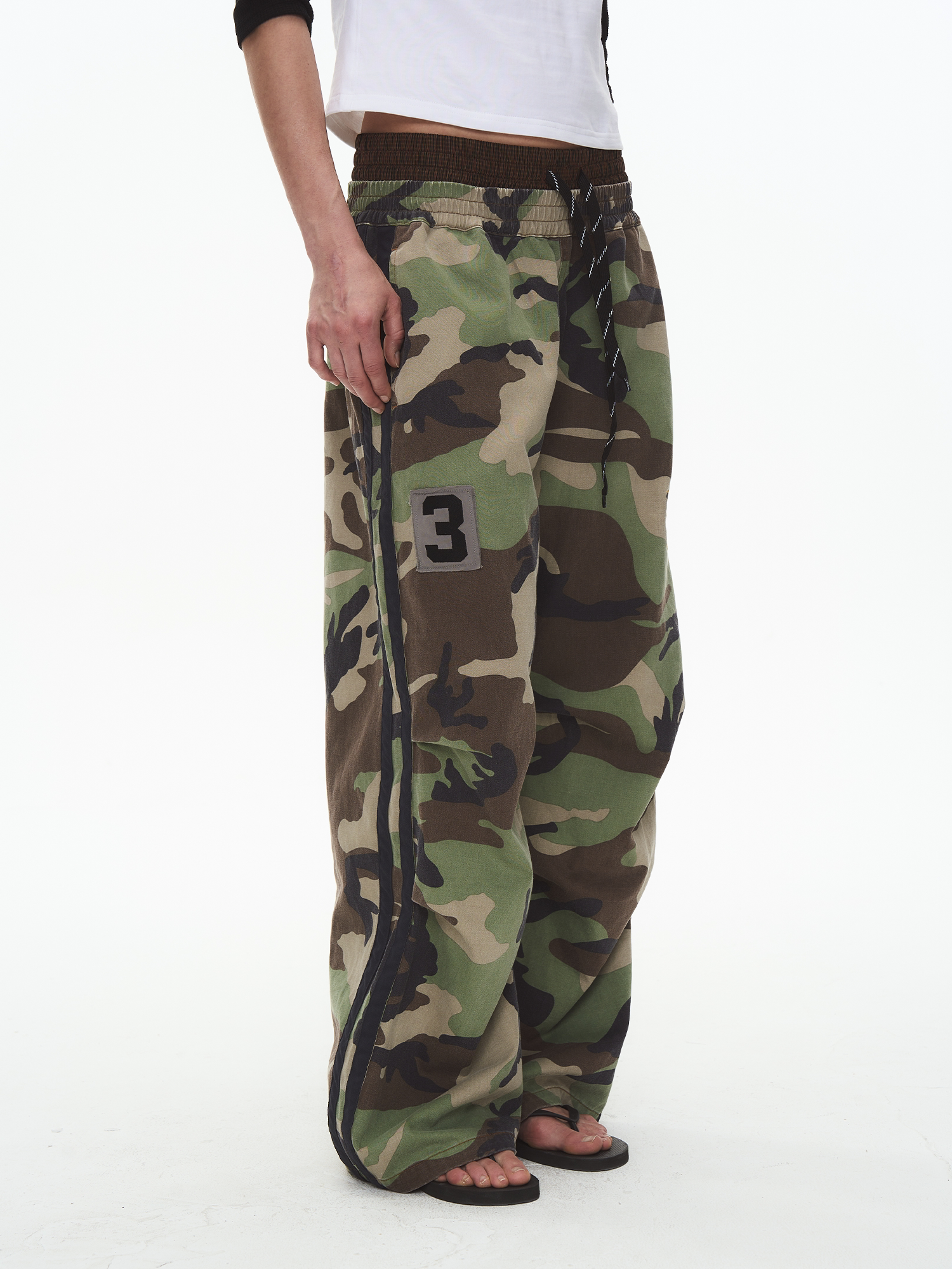 Double-Waist Pleated Camo Embroidered Badge Pants