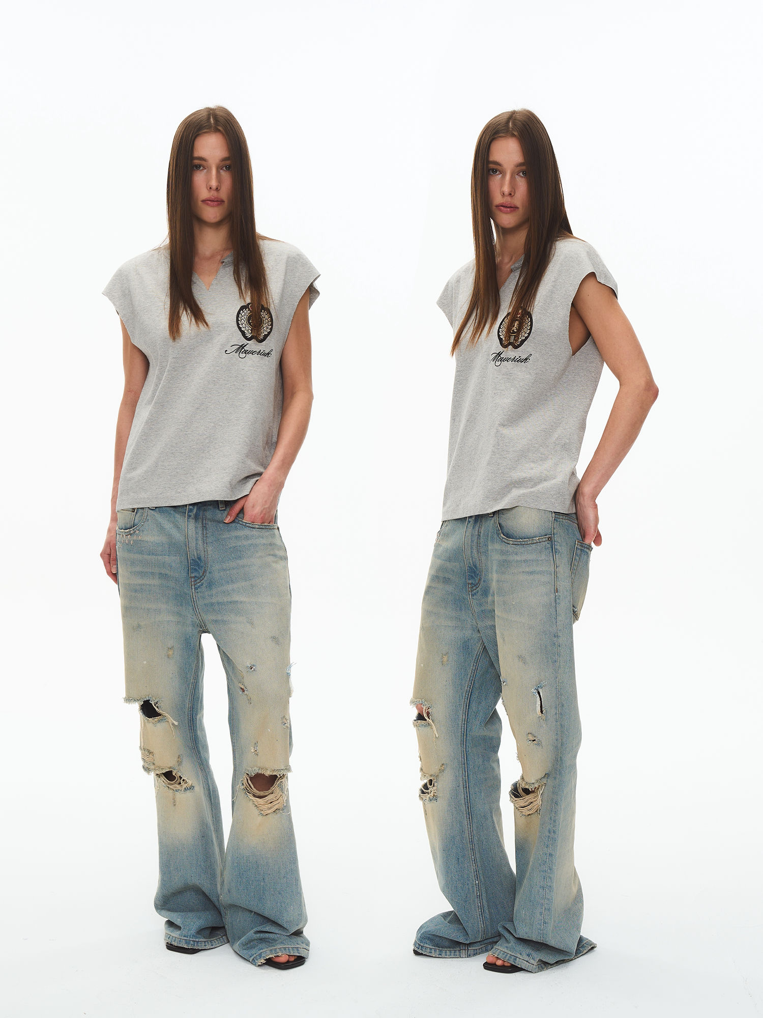 Sleeveless Raw-Edge Embroidered Badge T-Shirt