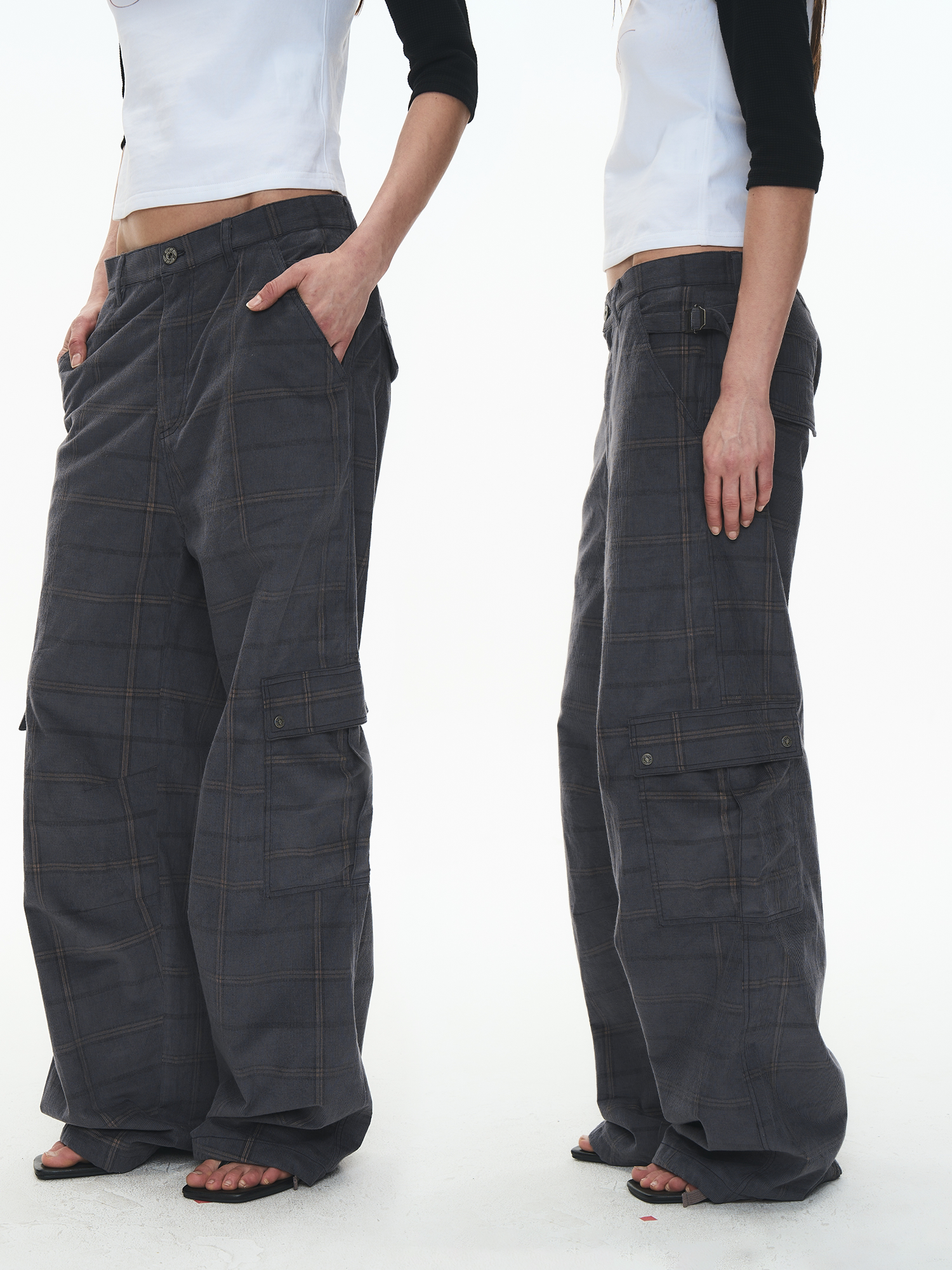 Two-Tone Vintage Check Thin Corduroy Cargo Pants