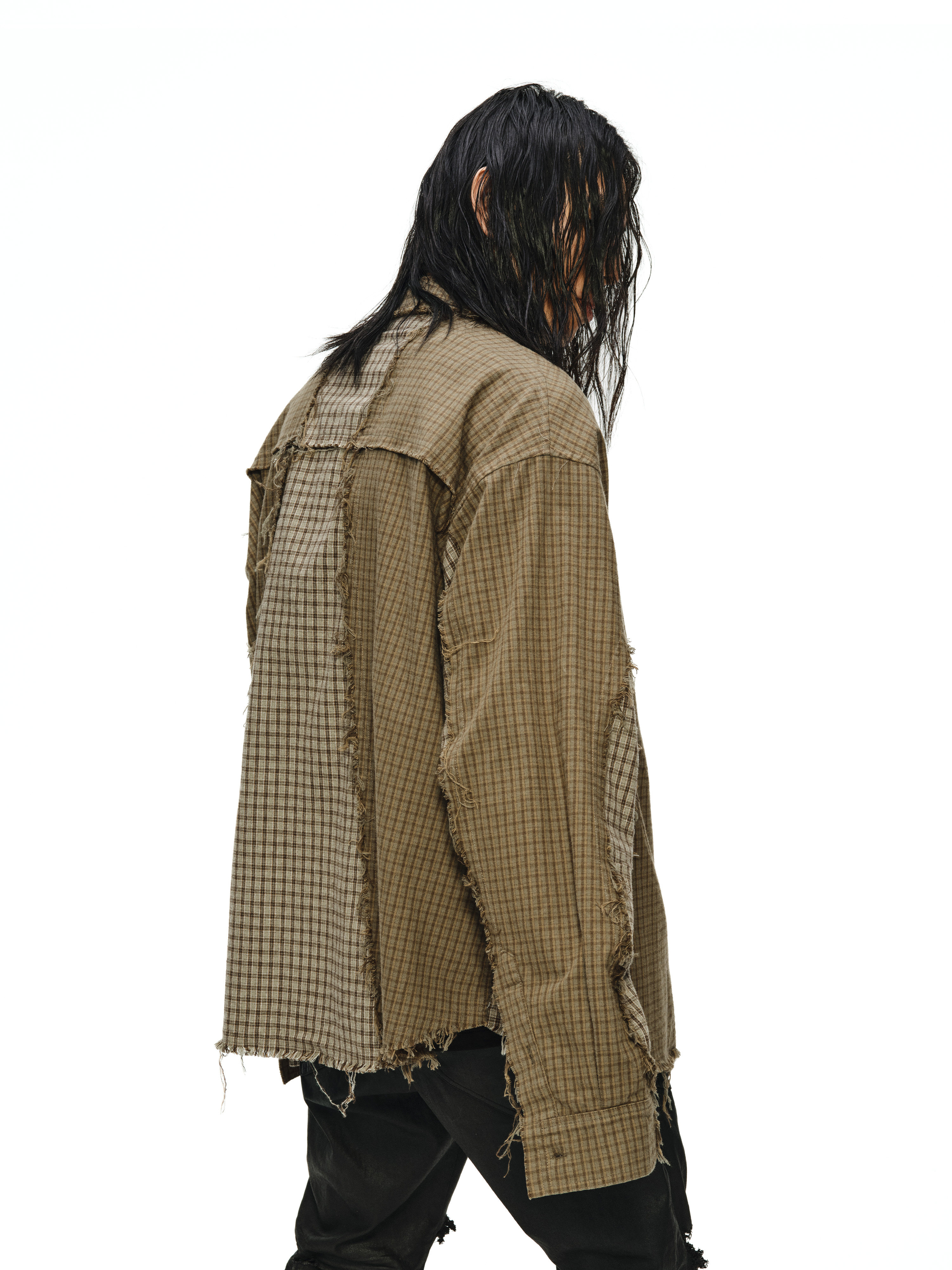 Patchwork Plaid Pocket Frayed Washed Shirt