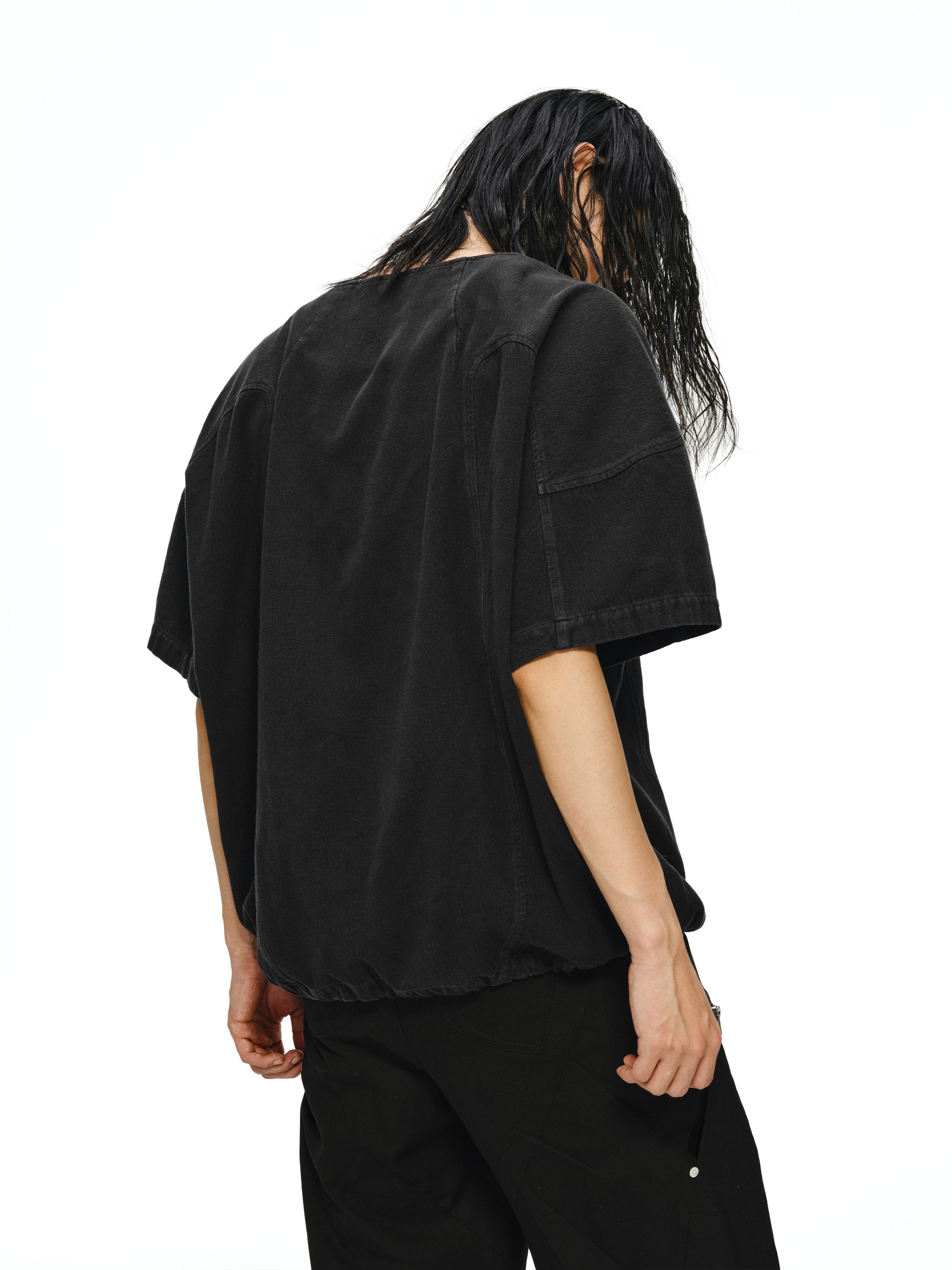 Oil-Stained V-Neck Drawstring Baseball Tee