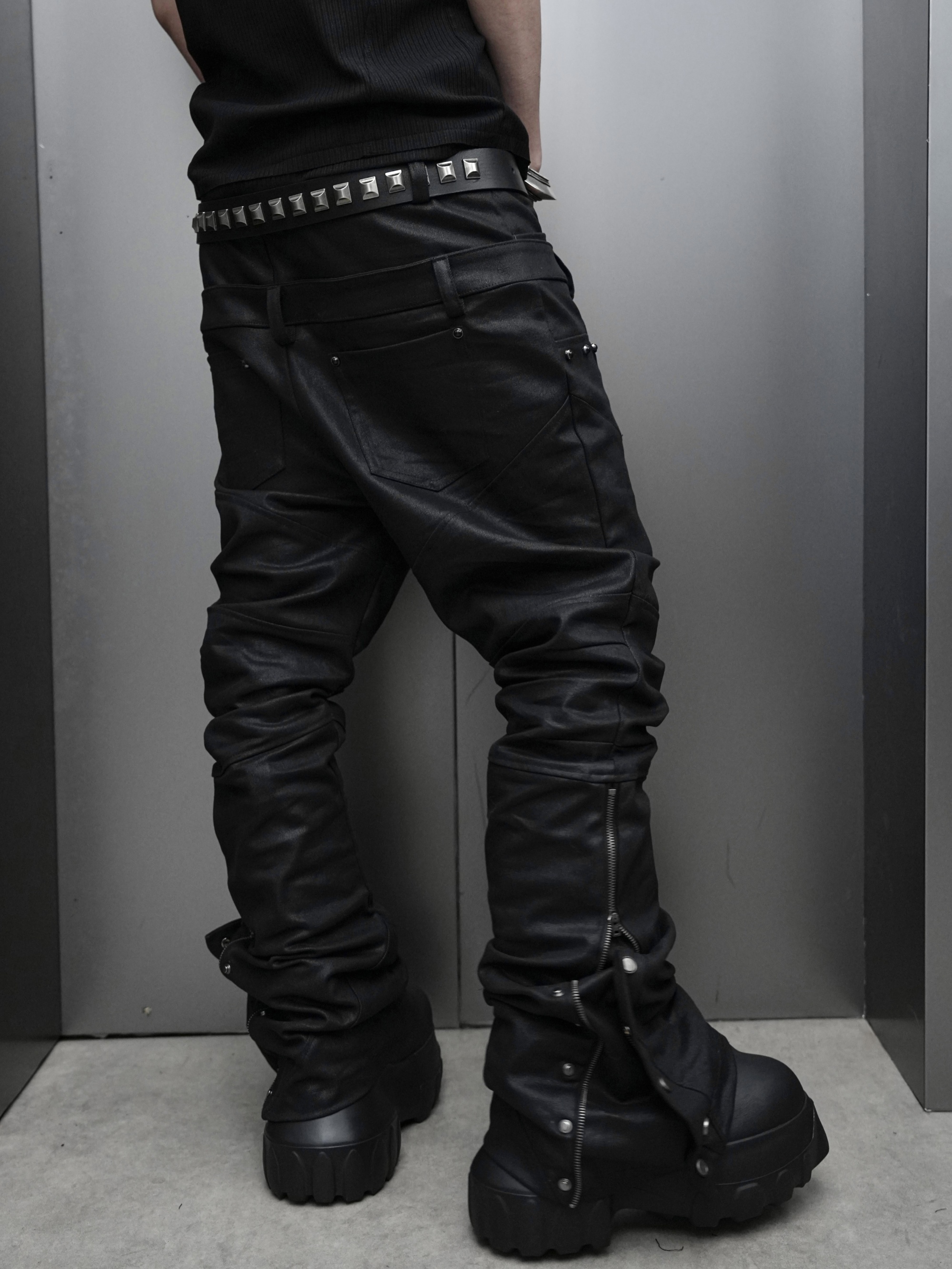 「Dual Track」Curved-Blade Double-Waist Skinny Waxed Denim Trousers